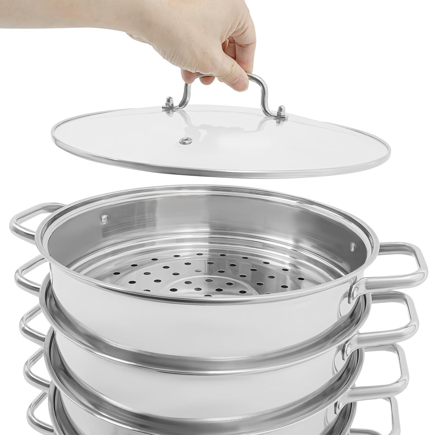 5-lagiger Dampfgarer aus Edelstahl mit Glasabdeckung, 32 cm Dampfgarer, Dampfgarer, Schongarer, Induktionskochtopf zum gleichzeitigen Dämpfen von Suppe, Nudeln, Fisch, geeignet für die Küche aller Herdarten – Bild 4