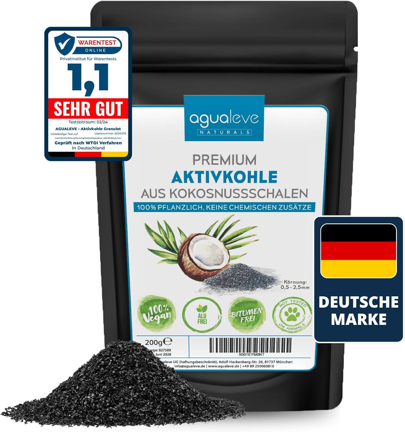 AGUALEVE Premium Aktivkohlegranulat 200 g aus Kokosnussschalen – Die Nr. 1 – Pflanzen, Katzenstreu, Aquarium, etc. – 100 % natürlich, frei von chemischen Zusätzen und Bitumen – Korngröße: 0,5 – 2,5 mm