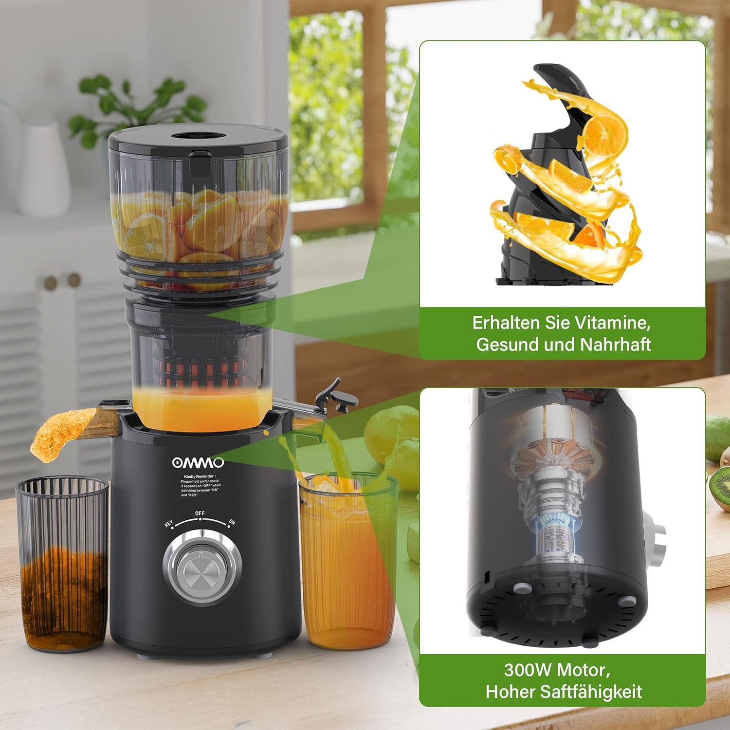 OMMO Slow Juicer, 300 W Entsafter, Gemüse- und Obst-Testsieger mit 148 mm Breite und größerem Einfüllrohr, leicht zu reinigender elektrischer Entsafter mit 2 PC-Bechern, BPA-frei, schwarz – Bild 3