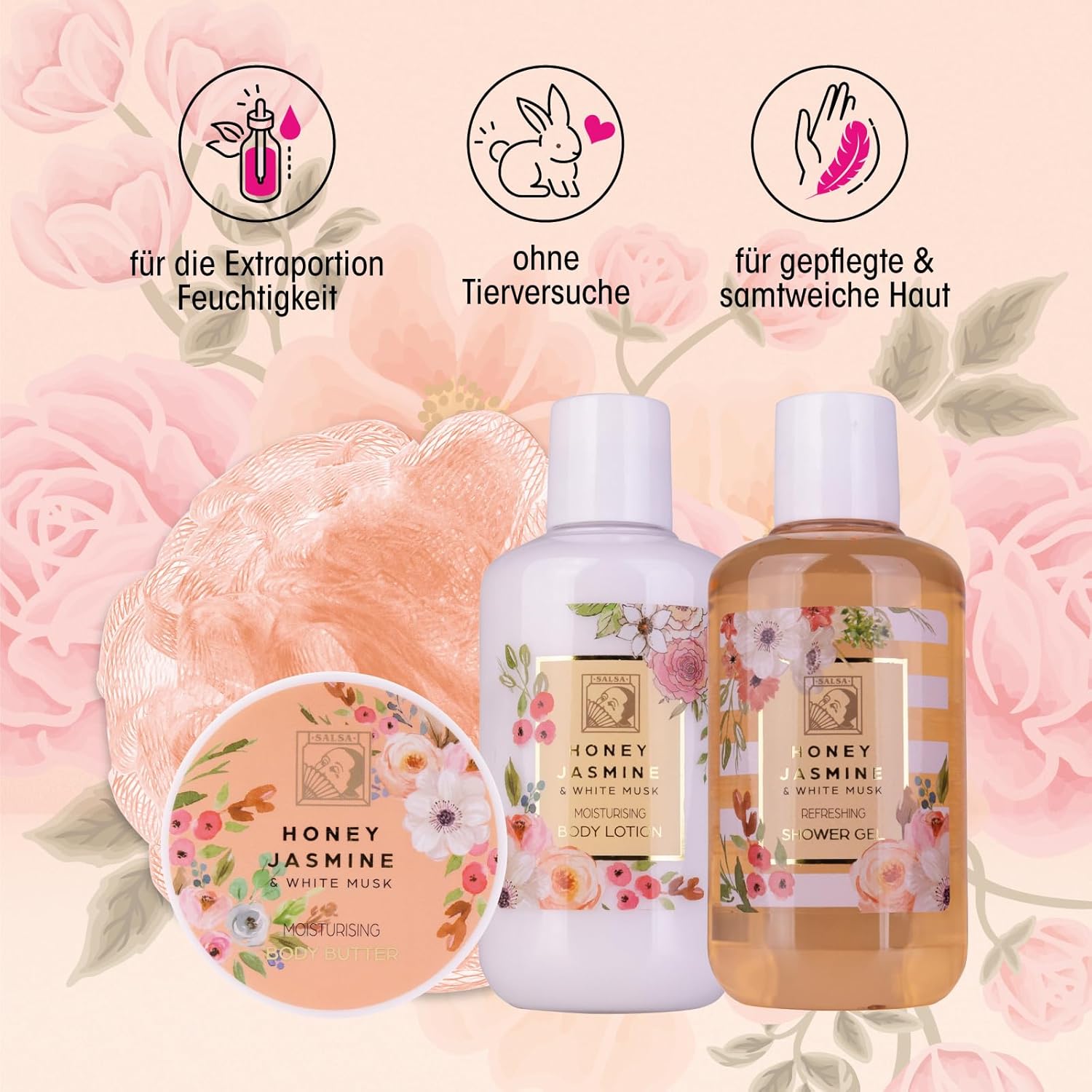 Accentra Honey Jasmine Damen-Duschset in schöner Geschenkbox, 4-teiliges Pflegeset mit Duschgel, Bodylotion, Körperbutter und Mesh-Schwamm, Geschenkset für Geburtstag und Valentinstag – Bild 3