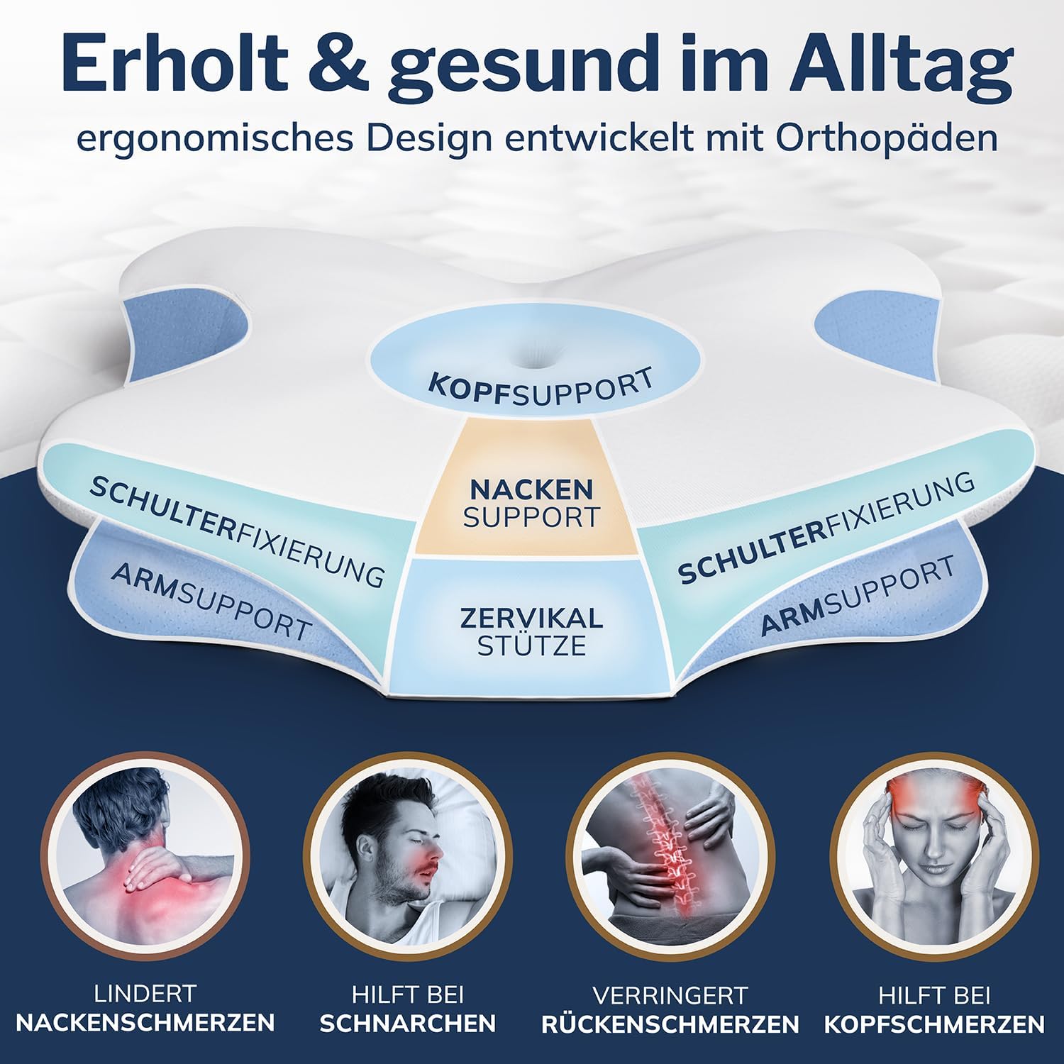 CALMONT – Orthopädisches Kissen für alle Schlaftypen I Nackenstützkissen für erholsamen Schlaf I Memory-Foam-Kissen für ideale Anpassung I Kissen gegen Nackenschmerzen, ergonomisches Kissen (weiß) – Bild 4