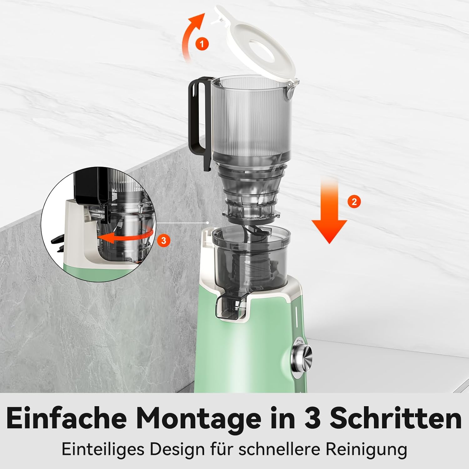 LINKChef Slow Juicer, Entsafter Gemüse und Obst, Testsieger mit 115 mm großer Größe für ganze Früchte/Gemüse, Blitzreiniger, einfache Installation, BPA-frei, 200 W, Hellgrün – Bild 10