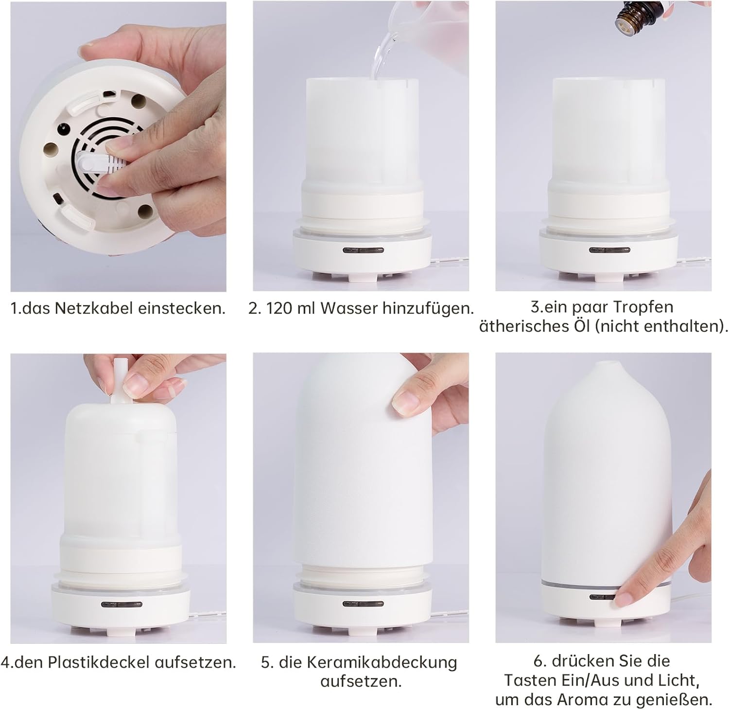JESMAY Aromadiffusor für ätherische Öle, 120 ml Premium Luftbefeuchter, Duftöldiffusor, Raumduftdiffusor aus Keramik, BPA-freier Diffusor für ätherische Öle für Schlafzimmer, Büro, Spa (Weiß) – Bild 5
