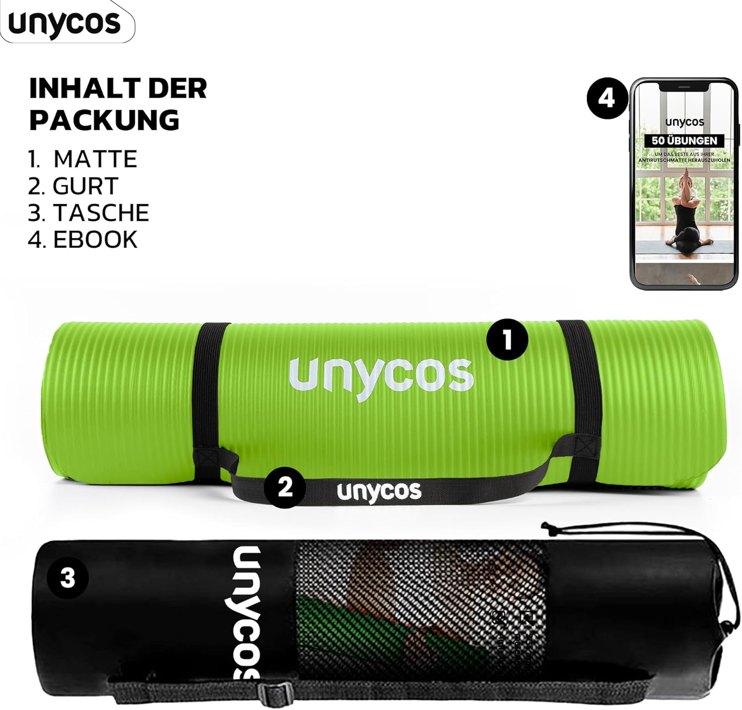 unycos - Yogamatte rutschfest | Hohe Dichte 6/10/15 mm, Gymnastikmatte mit Tragegurt und Schultergurt. 【Inklusive E-Book】 Hautfreundliche Fitnessmatte für Pilates, Trainingsmatte, Fitnessstudio – Bild 3