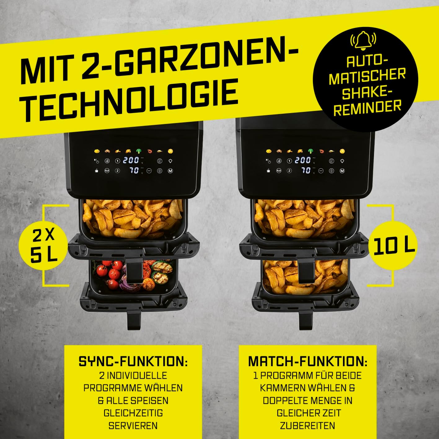 GOURMETmaxx FryUp Vertikale Doppelkammer-Heißluftfritteuse mit Sichtfenster – 10 l | Airfryer mit 9,8 Zoll mehrfarbigem LED-Touch-Display und 11 Programmen | Heißluftfritteuse 2 Kammern mit Oberhitze – Bild 3