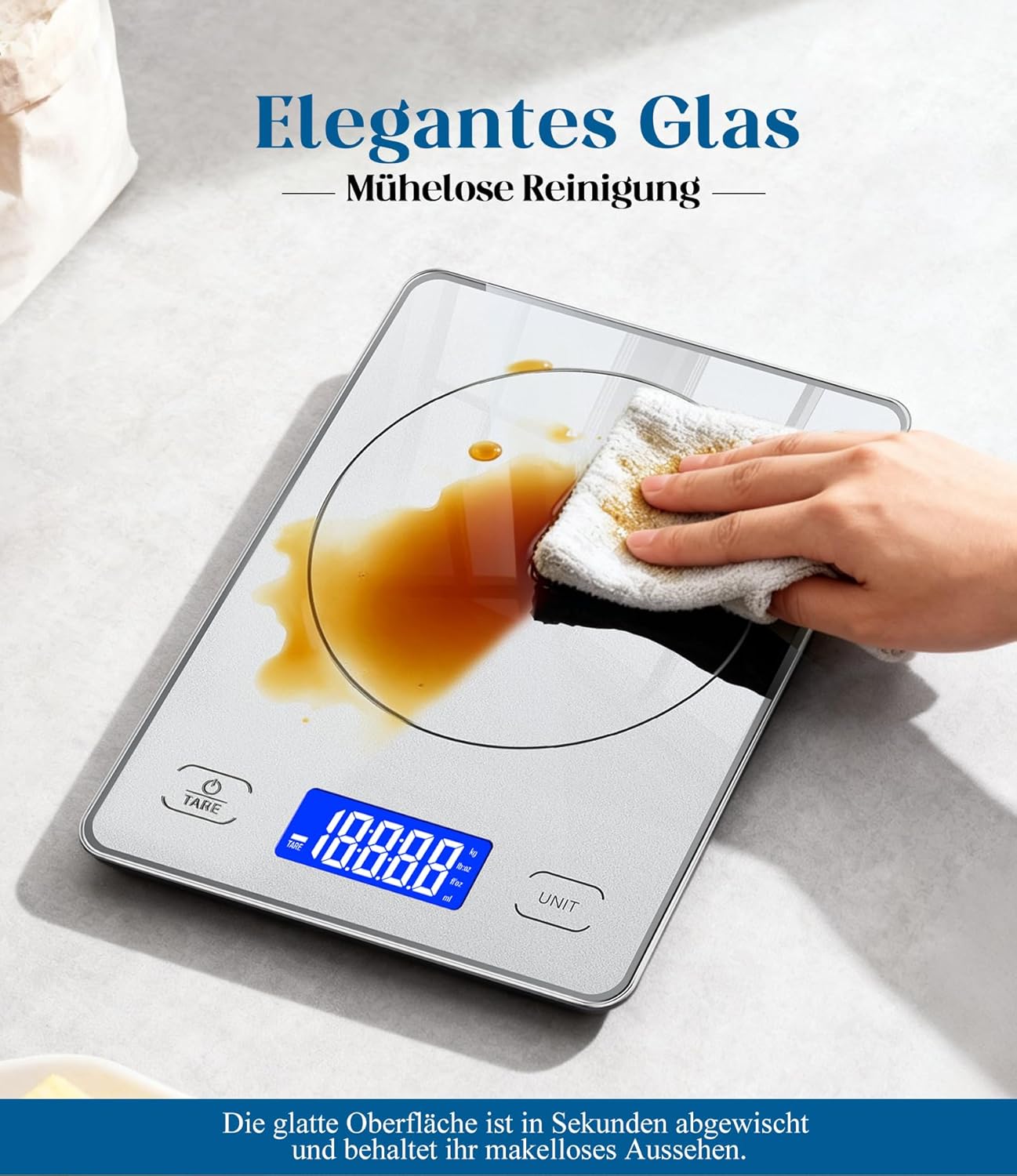 Digitale Küchenwaage mit 15 kg Tragkraft, 5 Einheiten in g/ml/fl'oz, Präzise Küchenwaage mit großem Display, Dual Power (USB-C/Batterie), 1 g hohe Präzision, Tara-Sicherheitsglas zum Backen, Kochen – Bild 7