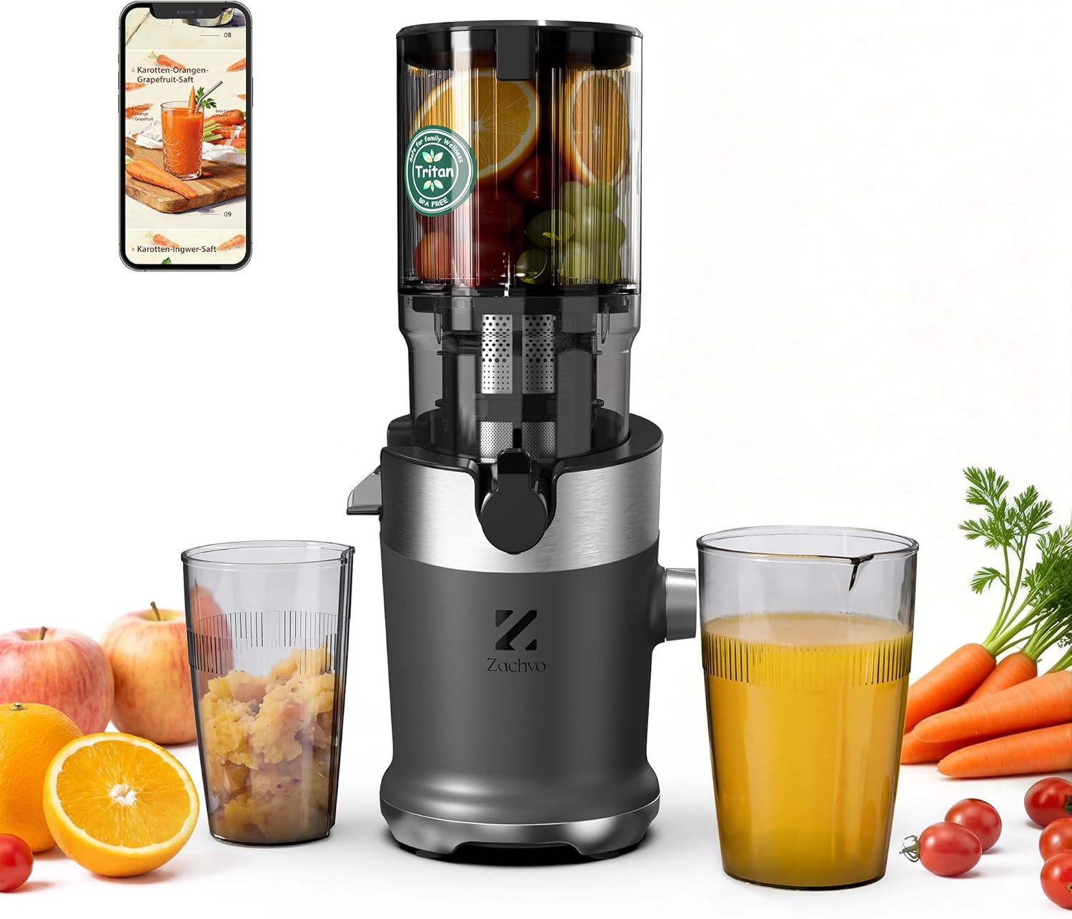 Entsafter, Slow Juicer mit 130 mm breitem Einfüllrohr für ganzes Gemüse und Obst, Testsieger, Tritan BPA-frei, 220 W elektrischer Entsafter, leicht zu reinigender Entsafter, inklusive Saftrezepten