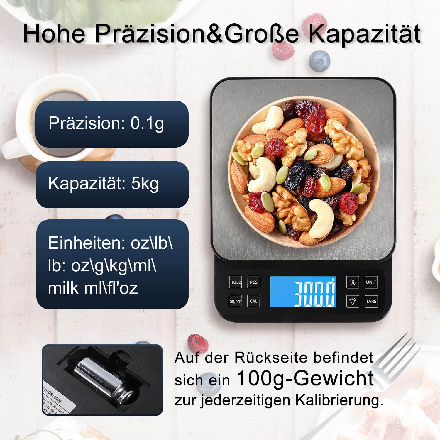 BOMATA 0,1 g/5 kg große digitale Küchenwaage, hochpräzise Bäckereiwaage mit %-Prozentfunktion, wiederaufladbar über USB, Wiegeplatte aus Edelstahl – Bild 2