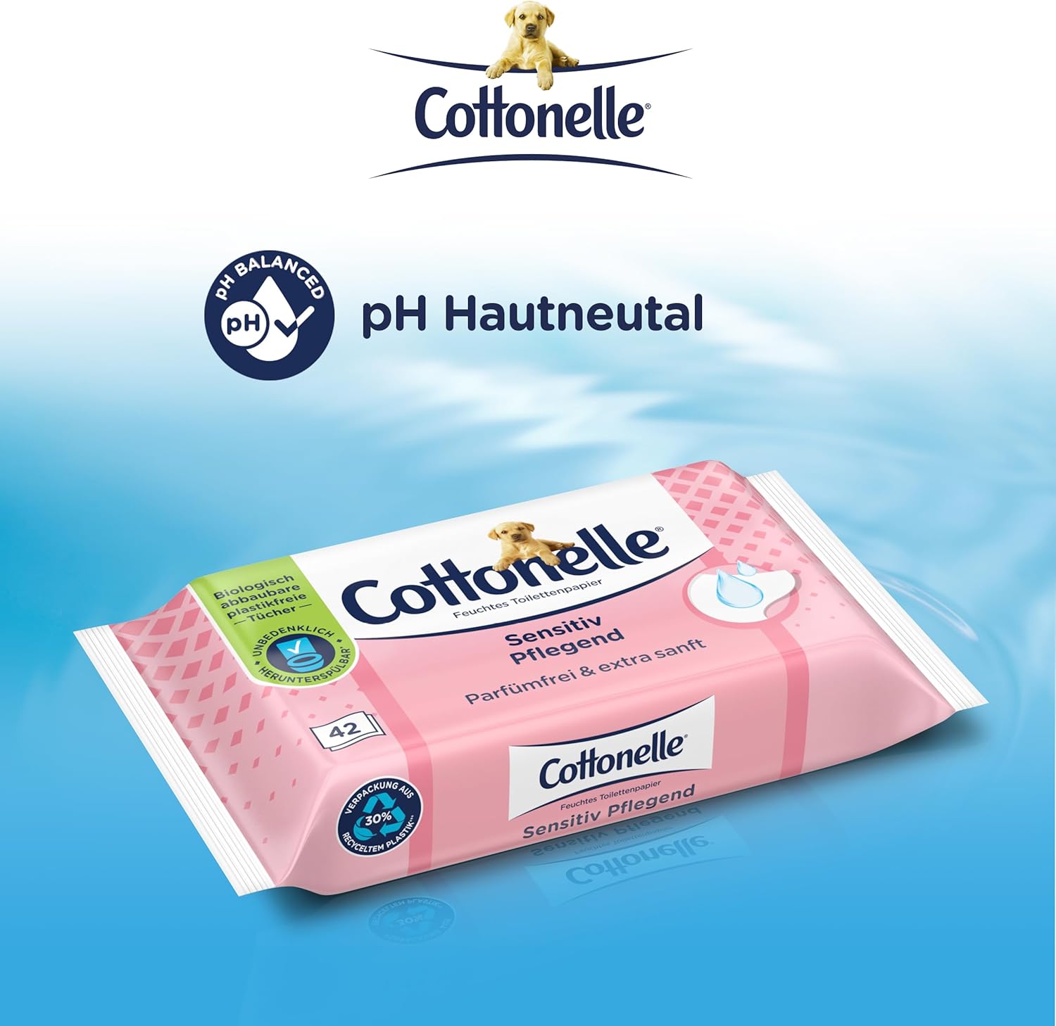 Cottonelle Feuchtes Toilettenpapier, empfindlich pflegend – parfümfrei, biologisch abbaubar, plastikfrei, wiederverschließbar, Vorteilspackung, 12 x 42 Feuchttücher – Bild 3