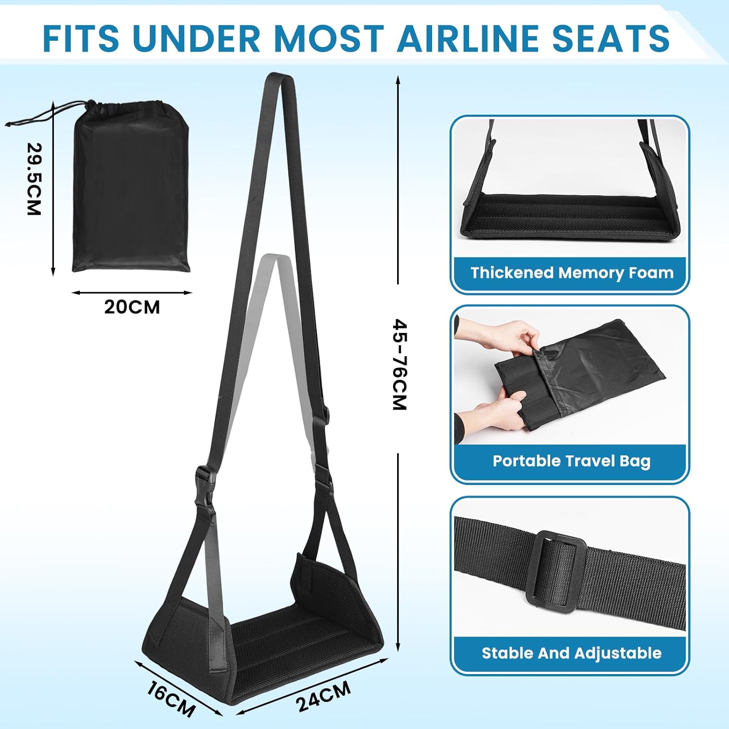 Flugzeug-Fußstütze, tragbare verstellbare Reise-Fußhängematte, aus Memory-Form, rutschfest, atmungsaktiv, maximale Belastung 40 kg, ergonomische Fußstütze für Reisen, Büro und Zuhause – Bild 2