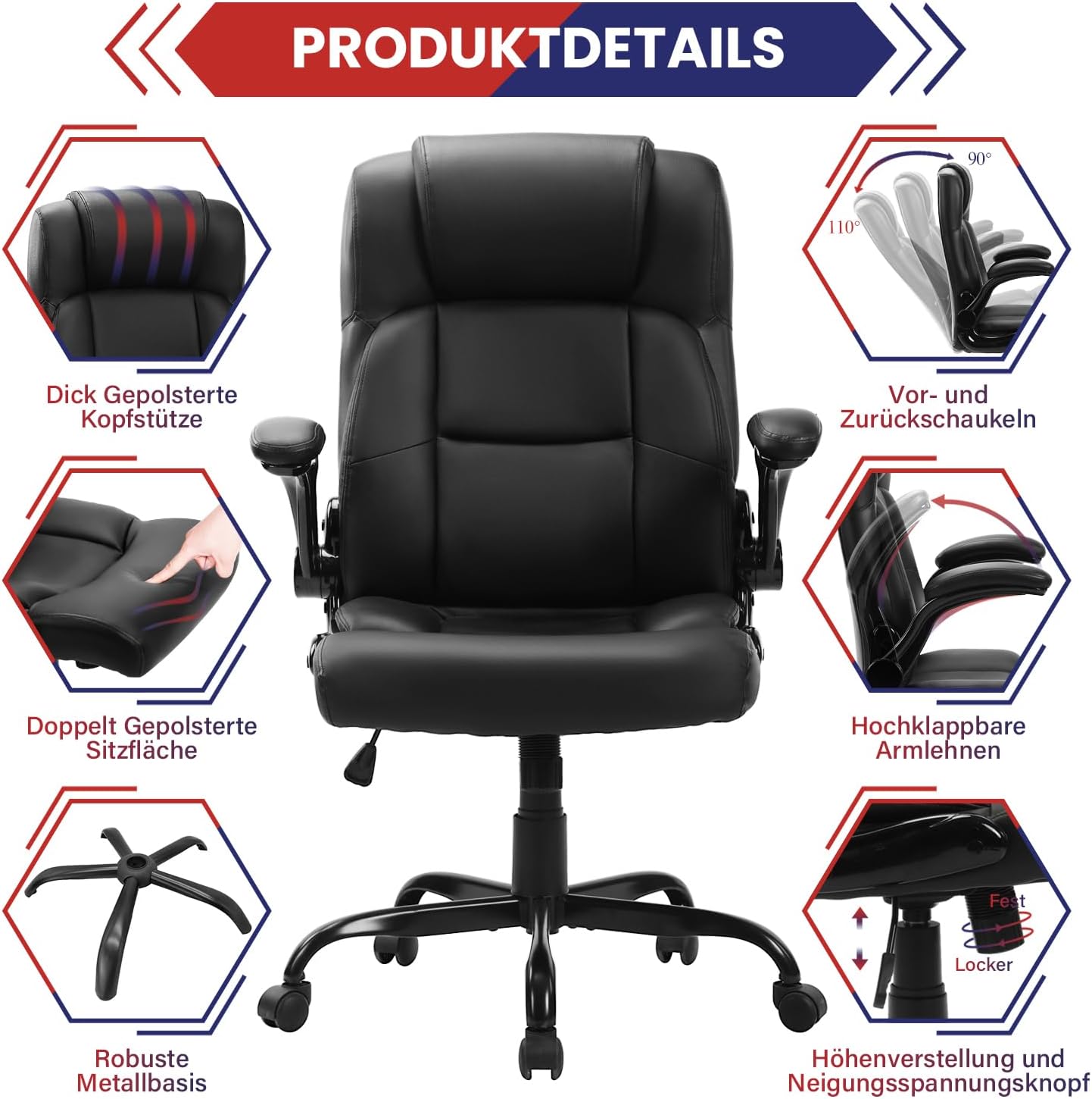 Bosmiller Ergonomischer Bürostuhl, 150 kg, verstellbarer Schreibtischstuhl, PU-Leder, Bürostuhl für Büro, mit klappbaren Armlehnen, Computer-Chefsessel – Bild 6