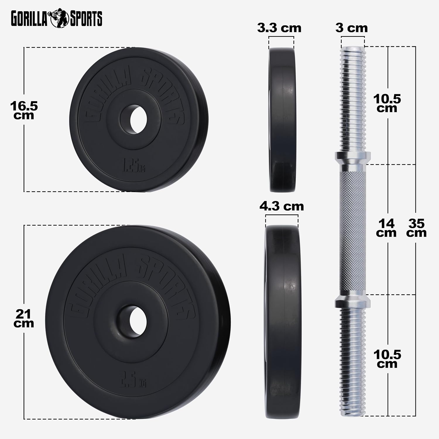 GORILLA SPORTS® Kurzhanteln 2er Set 20/30 kg – Verstellbare Hanteln mit Hantelscheiben 30mm aus Kunststoff, Standard oder Gripper, Kurzhantelset mit Hantelstangen & Sternverschlüssen – Bild 3
