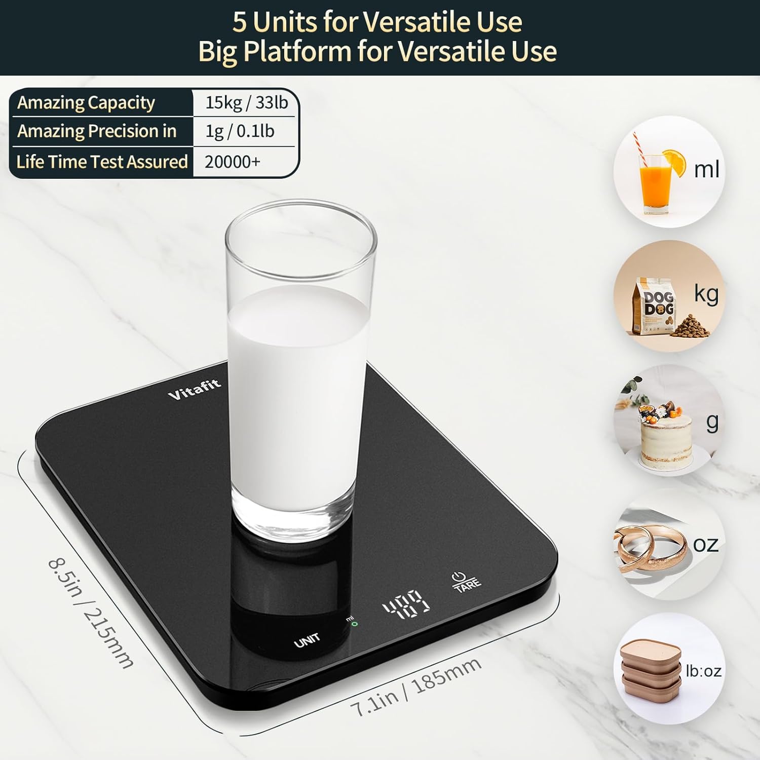 Vitafit 15 kg digitale Küchenwaage mit hoher Präzision 1 g, Waage professionelle Fabrik seit 2001, digitale Waage zum Kochen und Backen, Buchstabenwaage mit LED, 3 AAA-Batterien, Spray Silber Schwarz – Bild 3