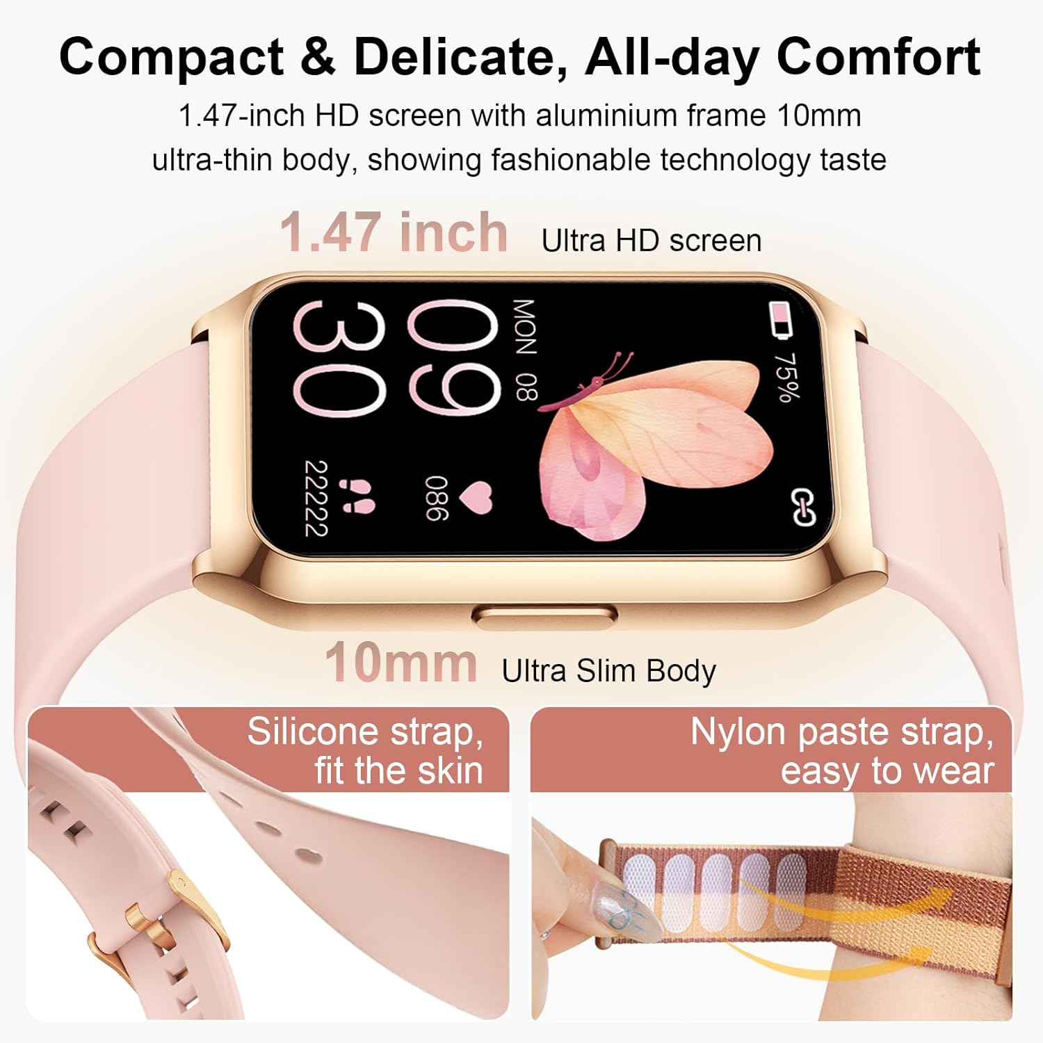 Damen-Smartwatch, 1,47-Zoll-Fitness-Tracker mit 25 Sportmodi, SpO2, Herzfrequenz-Schlafmonitor, Aluminiumgehäuse in Gold, Ultra-Akkulaufzeit, wasserdichte IP68-Fitnessuhr für iOS Android – Bild 2