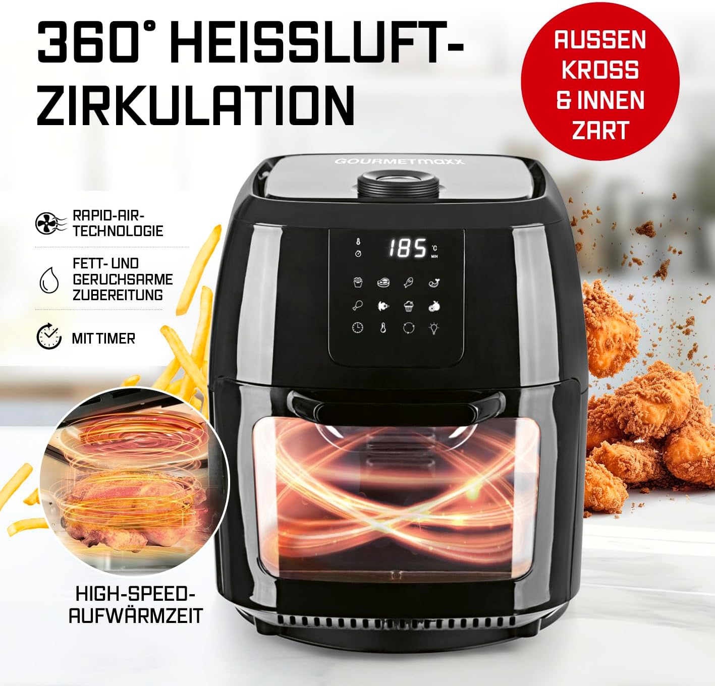 GOURMETmaxx Digitale XXL Heißluftfritteuse, 9 Liter | Frittieren ohne Fett, Fritteuse, Backofen und Drehgrill in einem | Inklusive Drehspieß für Hähnchen- und Kebabspieße (1.800 Watt/Schwarz) – Bild 5