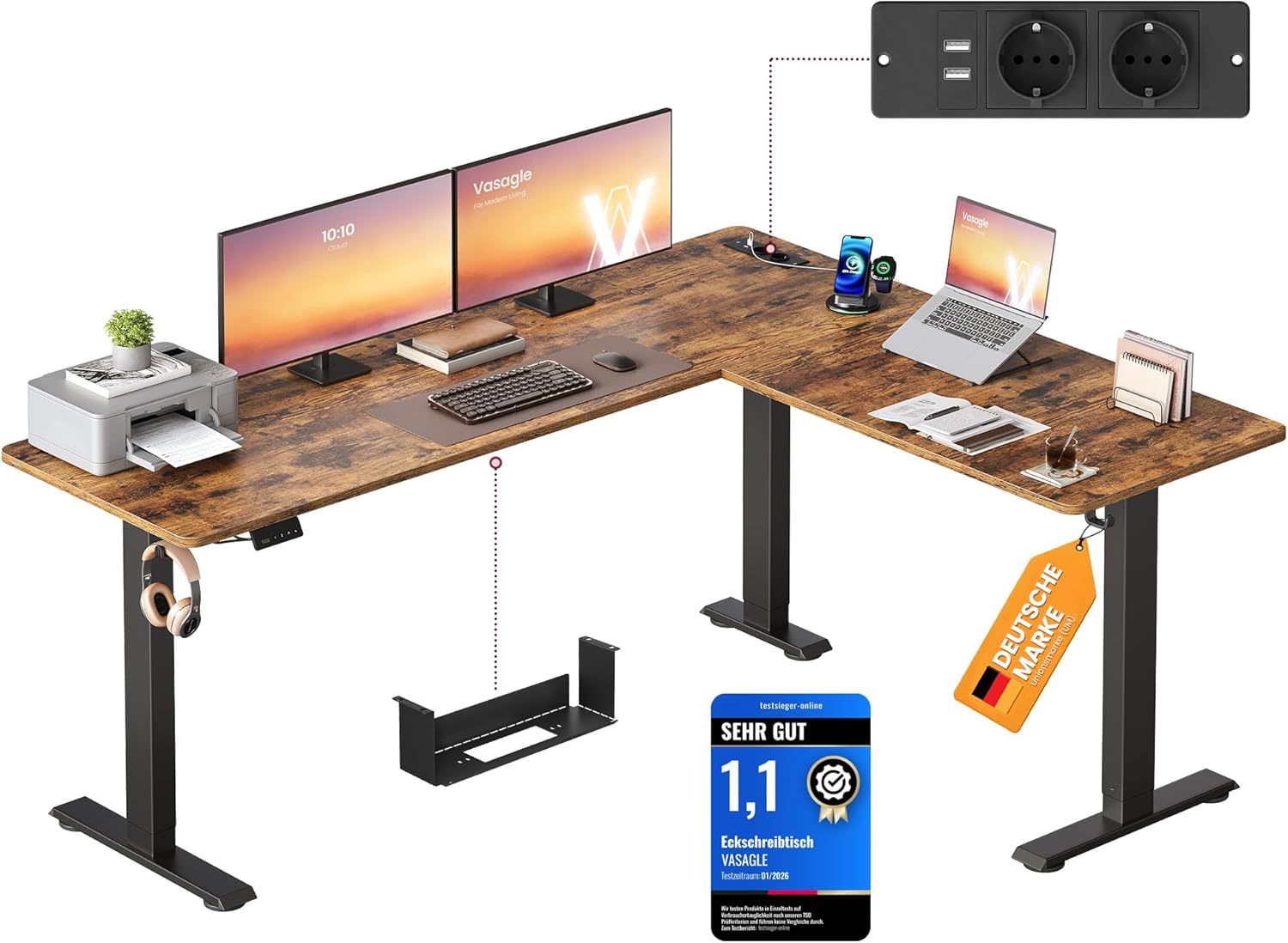 VASAGLE Höhenverstellbarer Schreibtisch, 190 x 155 cm, L-förmiger Eckschreibtisch, Stehpult, 2 AC-Steckdosen, 2 USB-A-Anschlüsse, Steckdosenleistenablage, für Büro, Vintage-Braun LSD295KD01