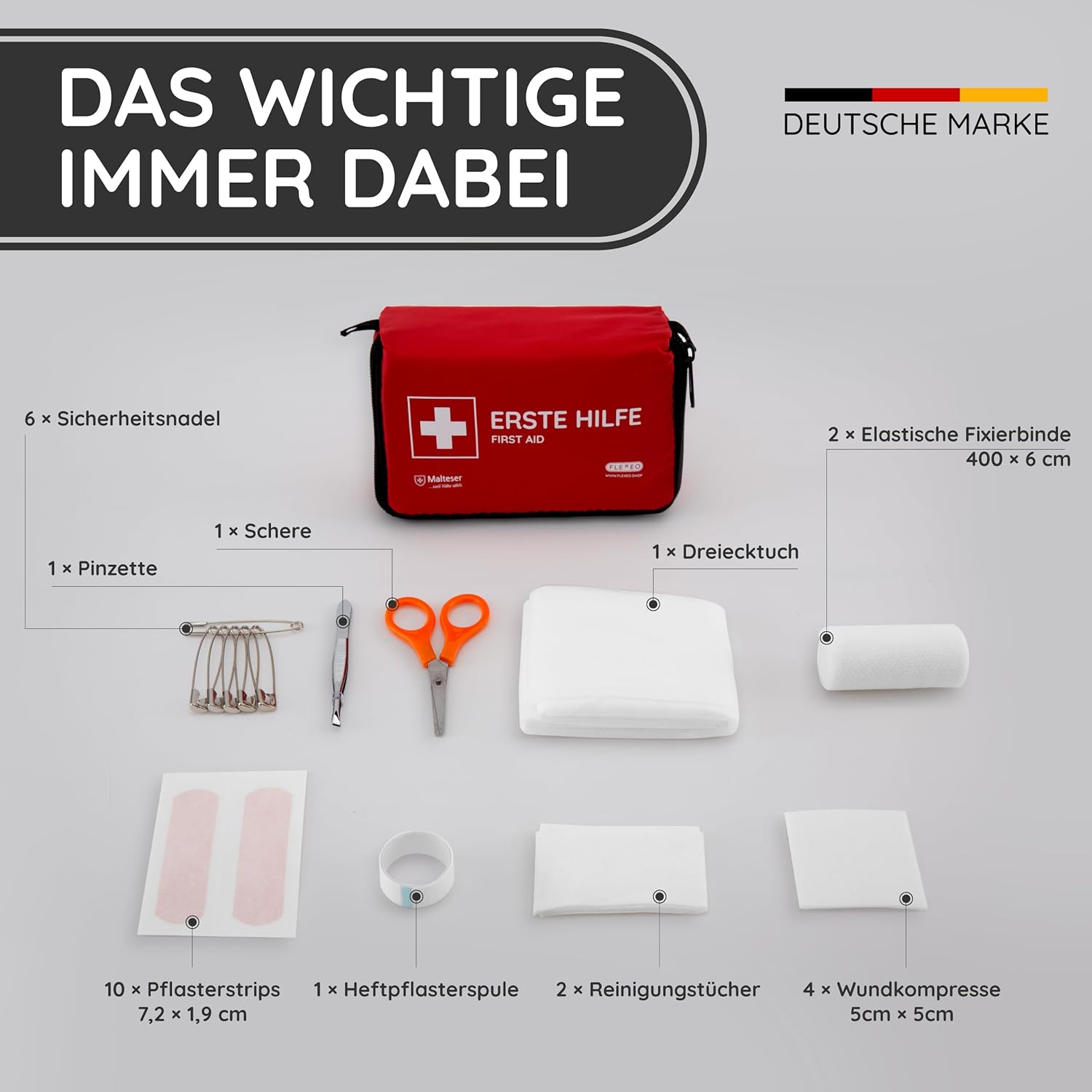 FLEXEO Erste-Hilfe-Set „Essential“ | Kompakte, leichte Tasche für Outdoor, Fahrrad, Wandern und Reisen | Kleine Erste-Hilfe-Tasche für unterwegs und Kinder | Mini-Erste-Hilfe-Kasten, Reiseapotheke – Bild 3