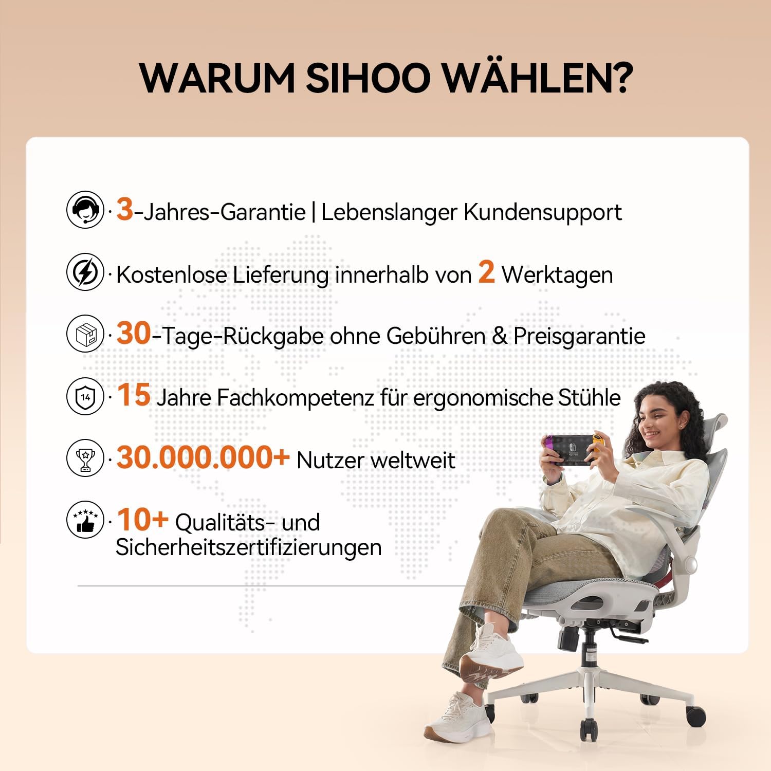 SIHOO Ergonomischer Bürostuhl mit dynamischer 4D-Lendenwirbelstütze, breiter Kopfstütze und klappbaren Armlehnen, 90–135° neigbar, Weiß – Bild 9