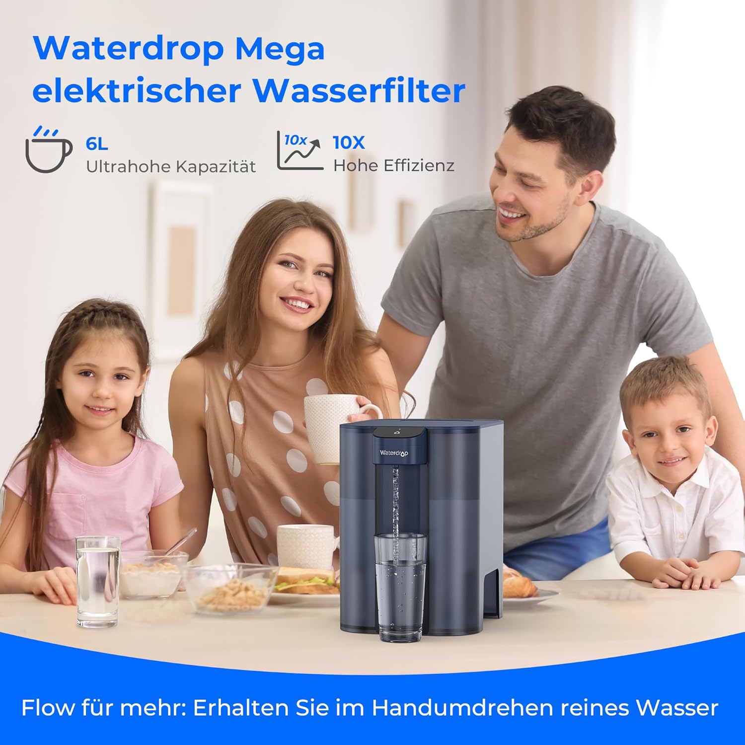 Waterdrop Mega Instant elektrischer Wasserfilterkrug mit 3-Monats-Filter, 6 l Wasserfilterkrüge, reduziert Chlor, Blei, Quecksilber, PFAS, PFOA/PFOS, 757 Liter, blau – Bild 2