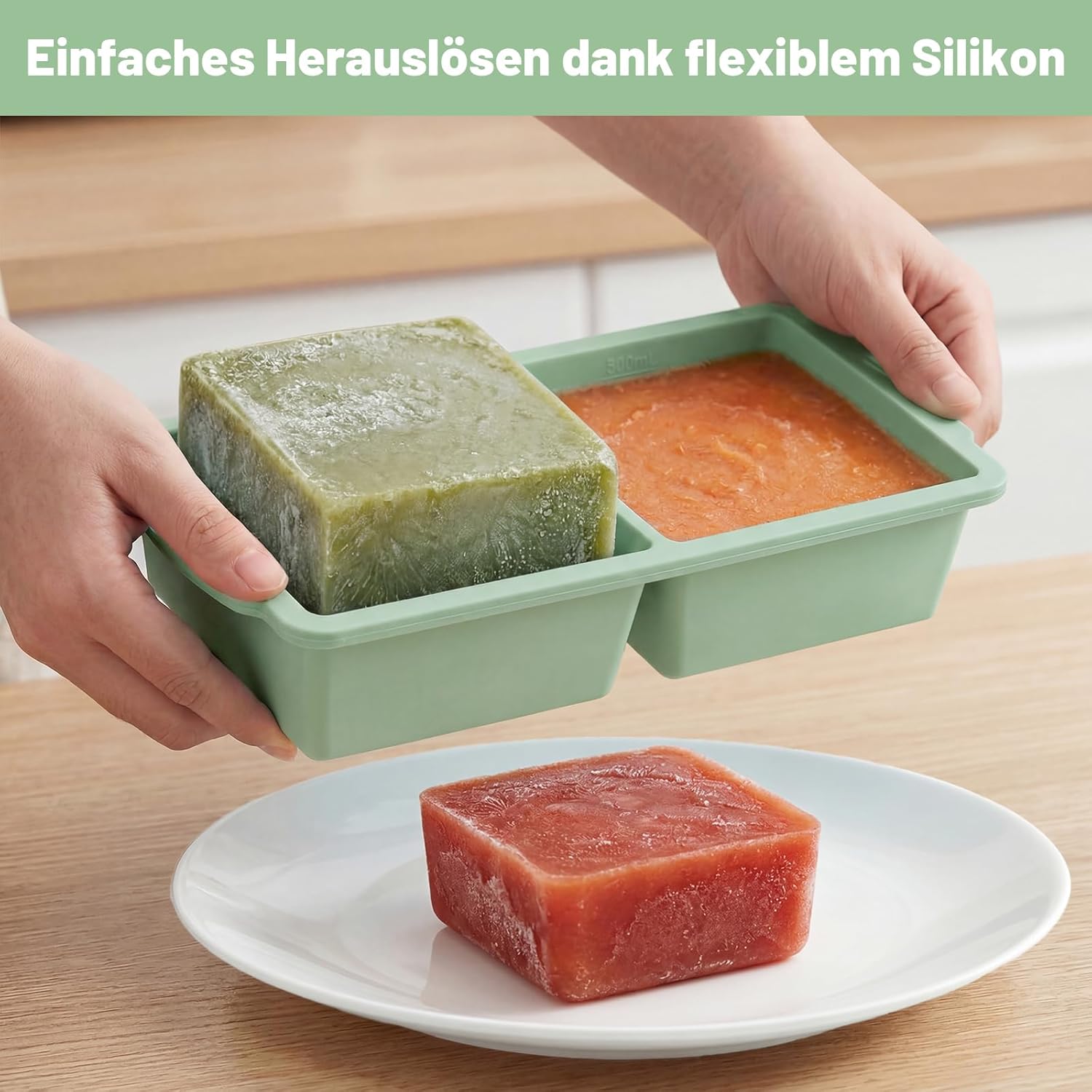 Souper Cube Silikon-Gefrierform mit Deckel, 2er-Set XXL-Eiswürfelform groß/Eiswürfelform (500 ml), Meal Prep & Suppen-Gefrierbehälter, BPA-frei, stapelbar (Mintgrün) – Bild 4