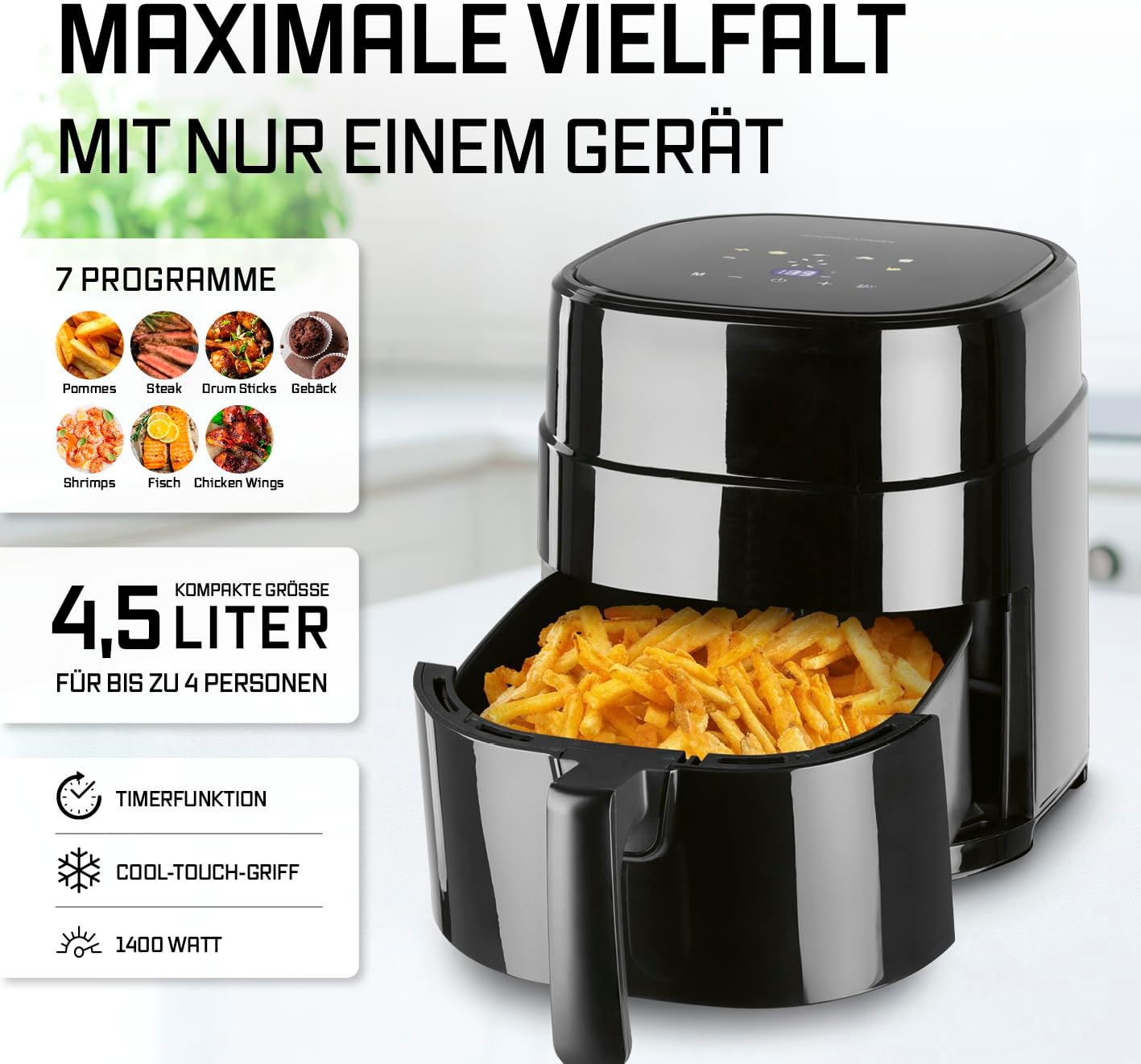 GOURMETmaxx Heißluftfritteuse 4,5 L – Airfryer 1400 W mit digitalem Farbdisplay, Timer, Abschaltautomatik & Überhitzungsschutz, spülmaschinenfestes Zubehör, fettfreies Frittieren – Schwarz – Bild 2