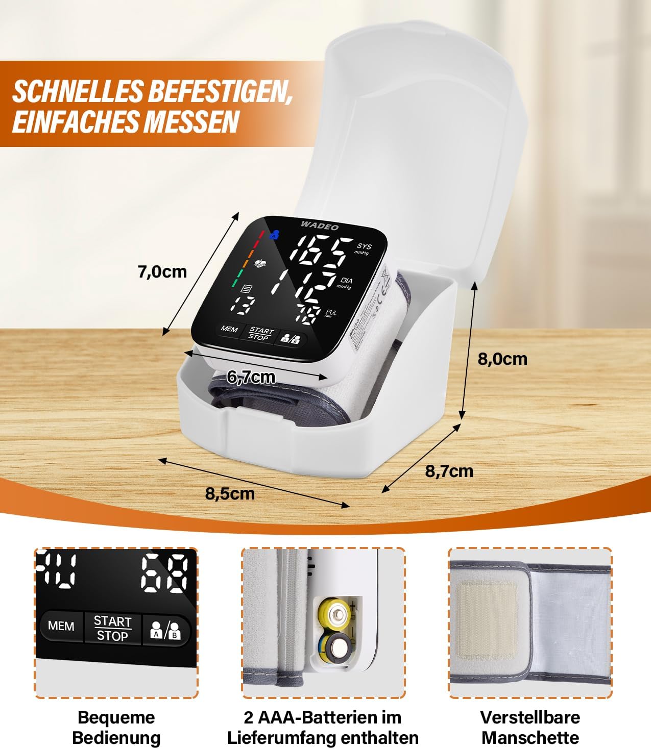 WADEO Digitales Handgelenk-Blutdruckmessgerät, 5-Sprachen-Eingabeaufforderung, Arrhythmie-Erkennung, tragbares Blutdruckmessgerät für Zuhause und unterwegs, 2 x 99 Speicher, mit Batterien und Aufbewahrungsbox – Bild 6