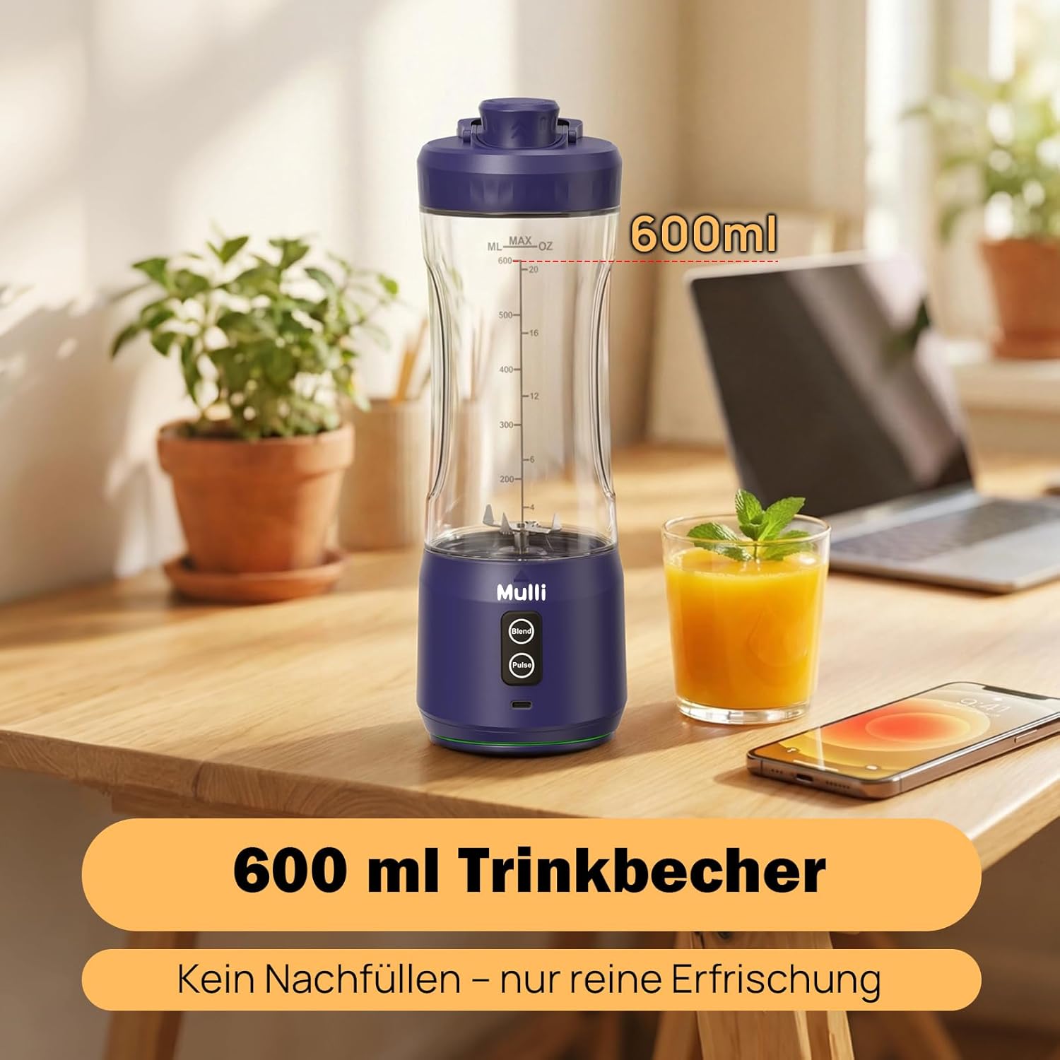 Mulli Tragbarer Mixer, kabelloser 600-ml-Mixbecher für Shakes und Smoothies, persönlicher Mixer, BPA-frei, mit auslaufsicherem Deckel, Strohhalmdeckel, USB-C aufladbar, spülmaschinenfeste Teile – Bild 2
