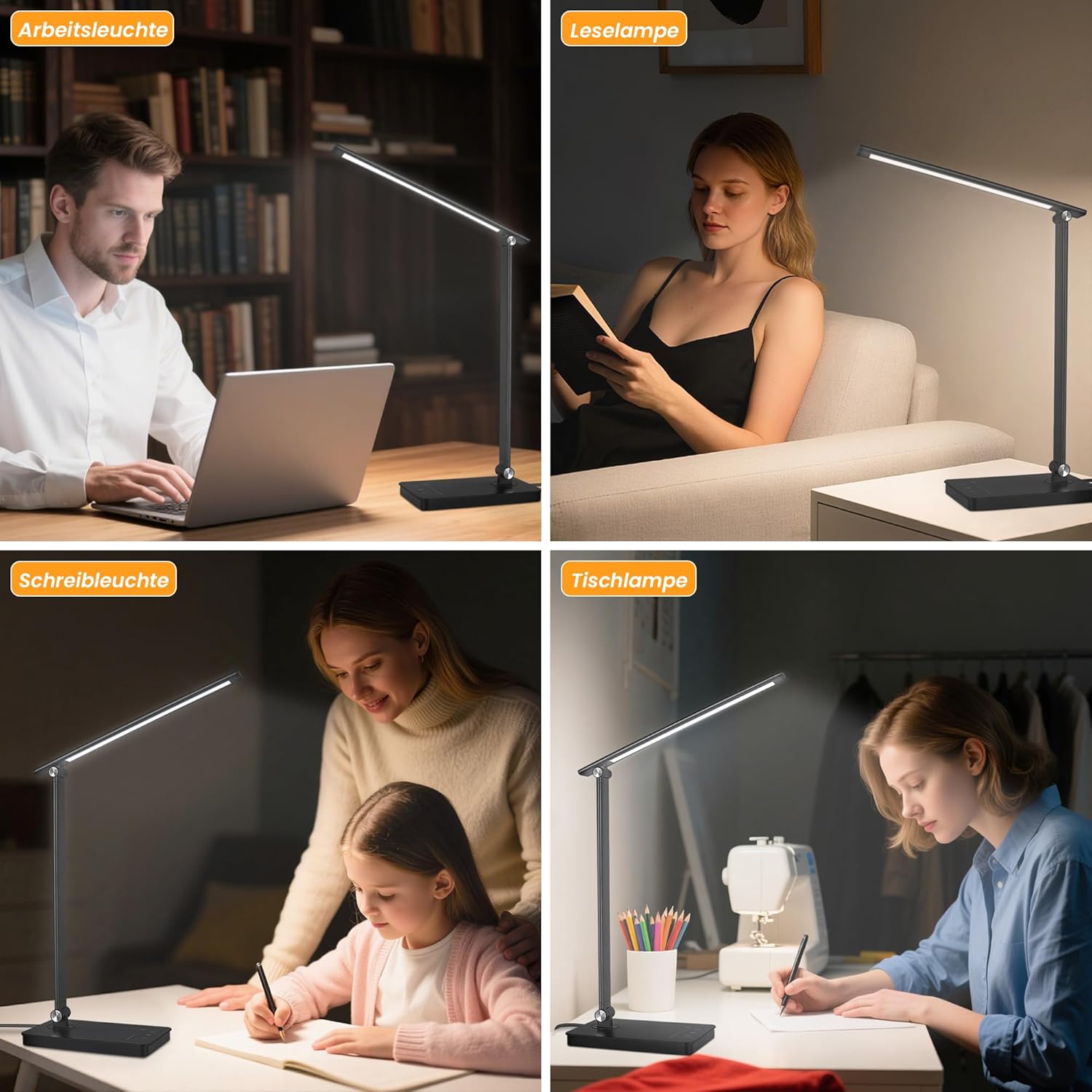 Akynite 42 LED-Schreibtischlampe, dimmbarer USB-Anschluss, 2A-Adapter im Lieferumfang enthalten, 5 Farben, 10 Helligkeiten, Leselampe, Schreibtisch, faltbare Lampe Touch mit Timer, Leselampe für Kinder, Schwarz – Bild 8