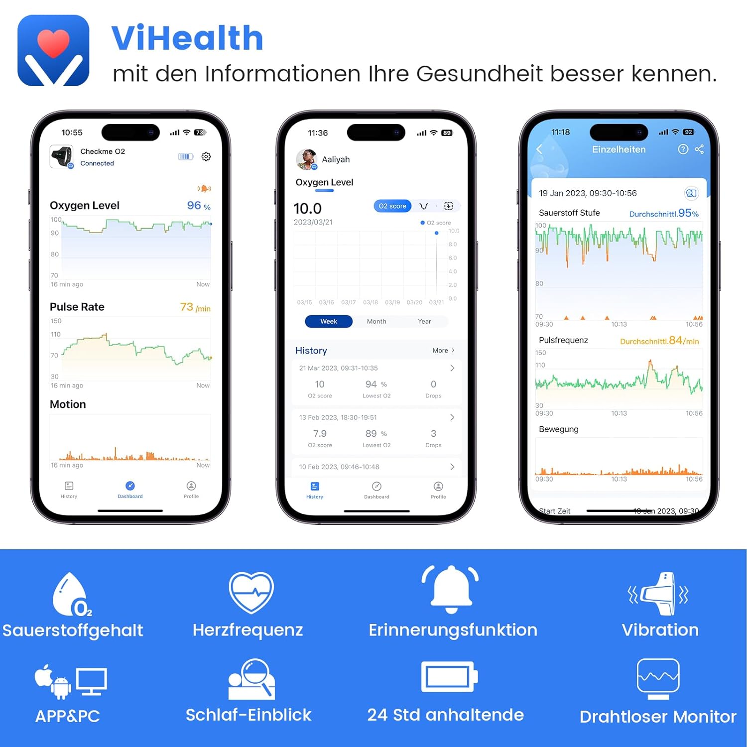 Wellue O2 Ring Bluetooth-Pulsoximeter mit Alarm, Sauerstoffsättigungsmessgerät mit kontinuierlicher Überwachung, Schlafoximeter für Blutsauerstoff und Herzfrequenz, professionelle App und Berichte – Bild 6