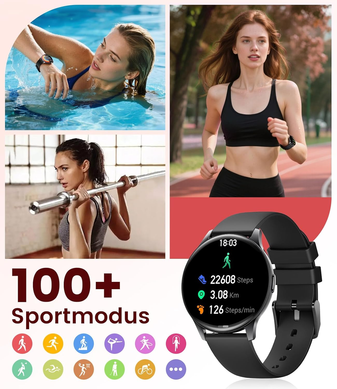 LIGE Damen Smartwatch (2 Armbänder), 1,43 Zoll HD AMOLED Display Smartwatch mit Telefonfunktion, Fitnessuhr, Sportuhr mit 120+ Sportmodi, Schlaftracking, Menstruationszyklus, Uhr für iOS/Android, Schwarz – Bild 4