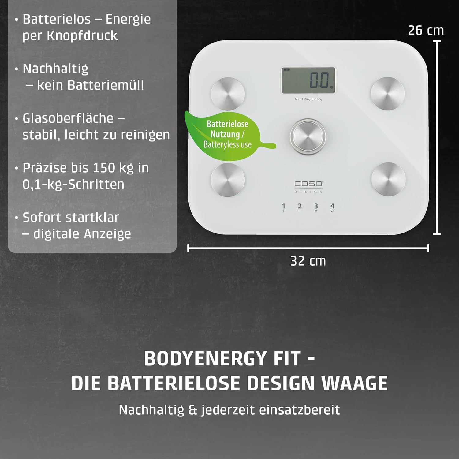 CASO BodyEnergy Fit – Personenwaage, batterieloser Einsatz, hohe Belastbarkeit bis 150 kg in 0,1-kg-Schritten, 4 speicherbare Profile, Körperanalysewaage (BIA) mit präziser Messung – Bild 2