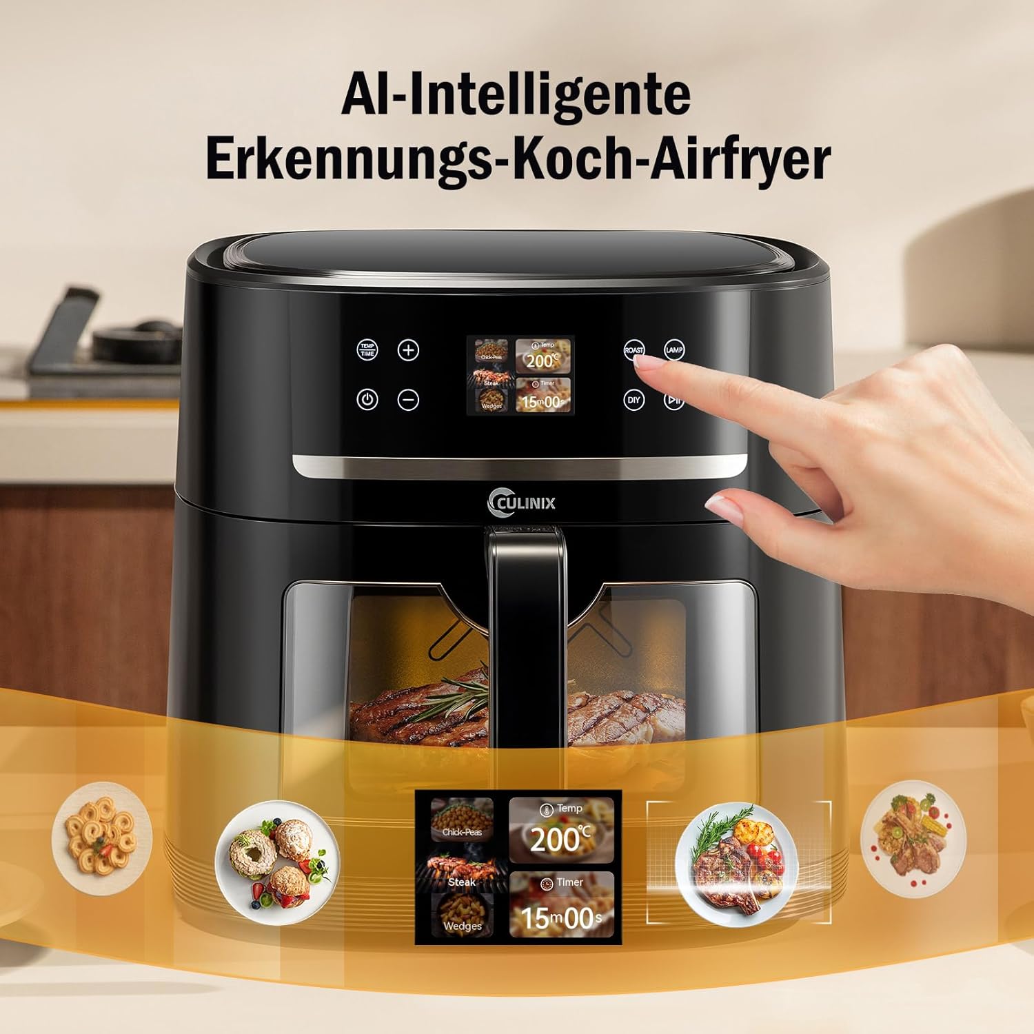 XXL Heißluftfritteuse 8L Heißluftfritteuse mit Kamera, Sichtfenster und Schüttelerinnerung, DIY-Funktionalität, einstellbare Temperatur & Timer, 30°C-200°C, Fritteuse ohne Öl, Schwarz – Bild 3