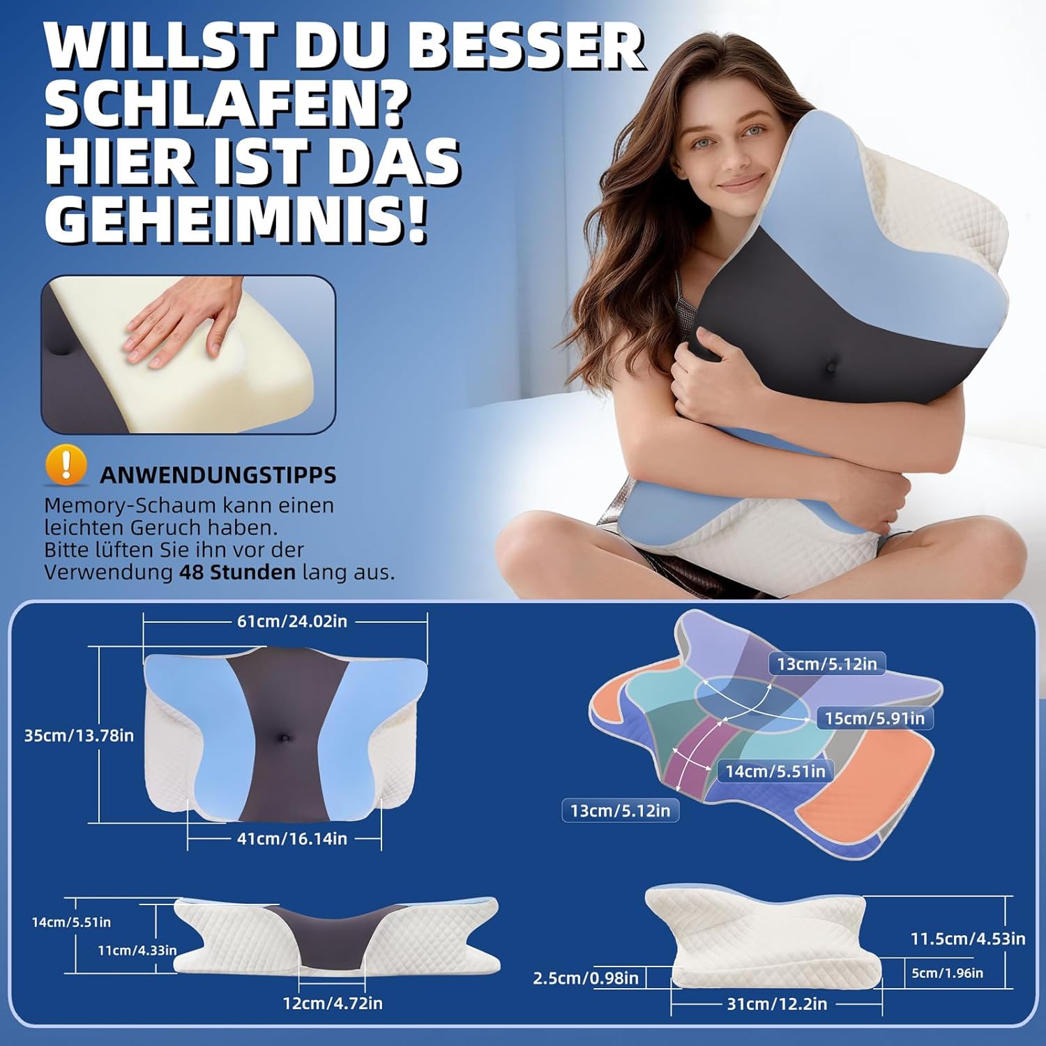 Nackenkissen mit Memory-Schaum – orthopädische Schmetterlingsform für Seitenschläfer, abnehmbarer, waschbarer Kühlbezug, für Erwachsene in allen Positionen – Bild 7