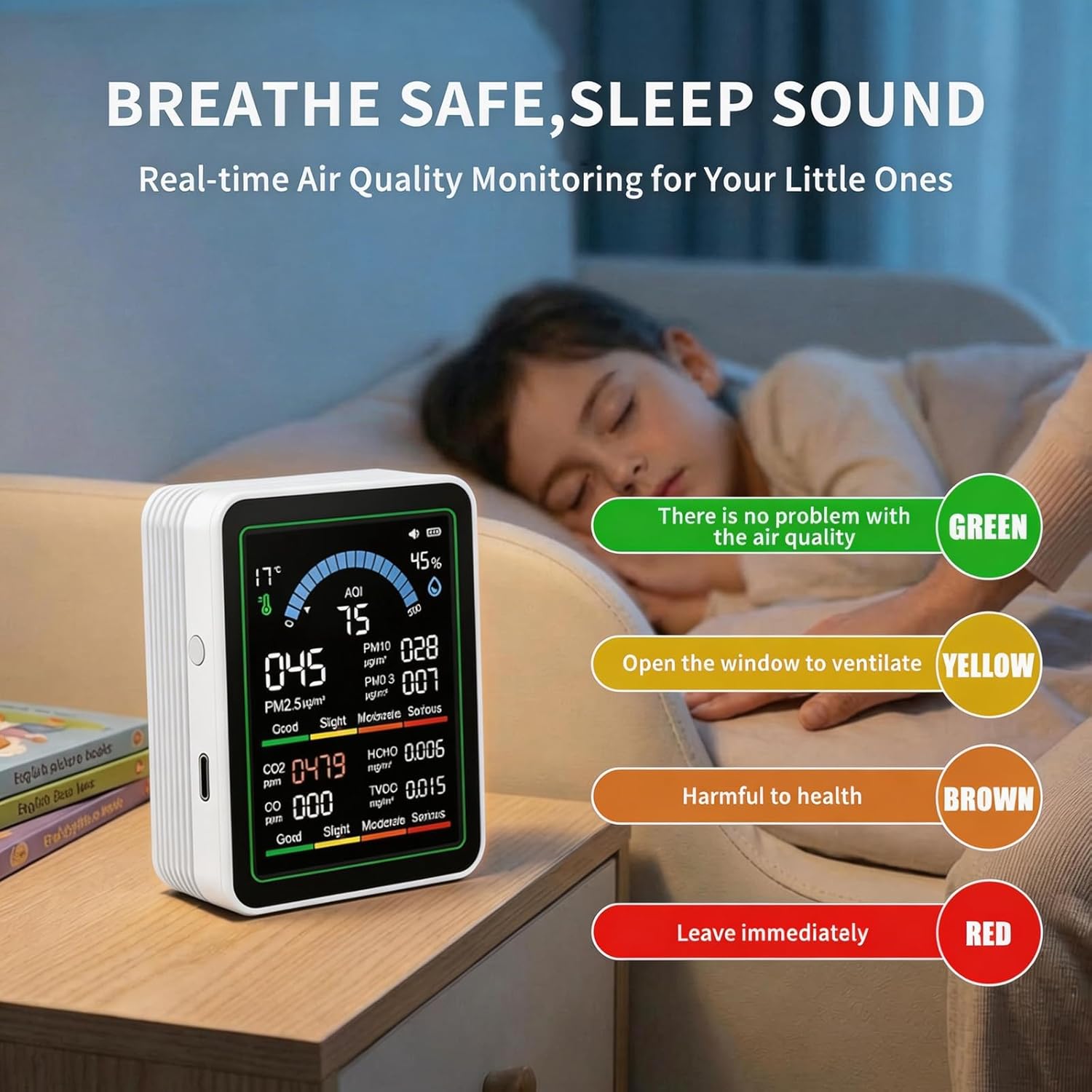 10-in-1 Luftqualitätsmonitor mit Farbdisplay und 4-Farben-Alarm,Messung von CO₂, PM1.0/PM2.5/PM10,HCHO,Temperatur & Luftfeuchtigkeit.Luftüberwachungsgerät mit Typ-C für Zuhause,Büro. (Weiß) – Bild 7