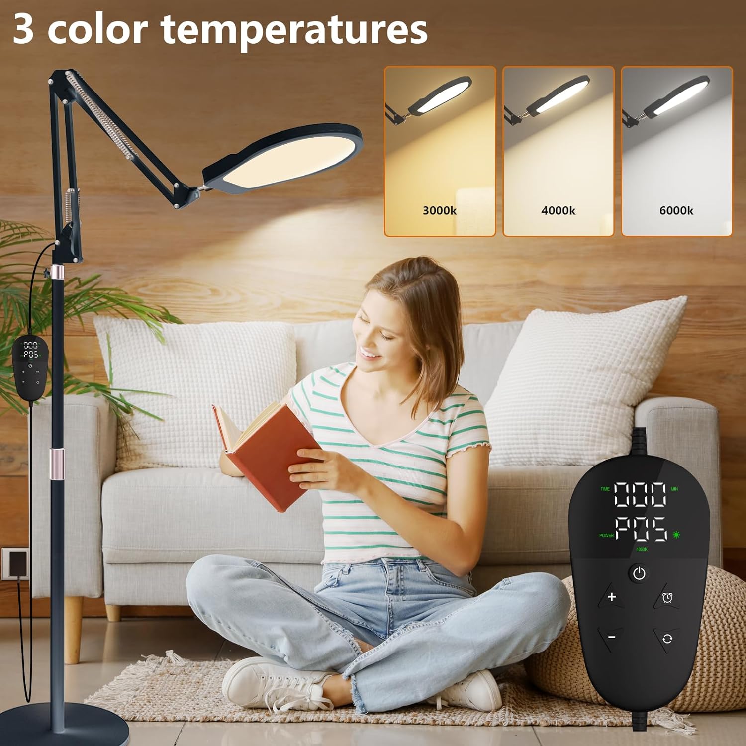 Tageslichtlampe 10000 Lux – SAD-Lampe, 3000 K/4000 K/6000 K Tageslichtlampe mit Timer, einstellbare Helligkeit, Tageslichtlampe für Zuhause, Büro (schwarz) – Bild 2