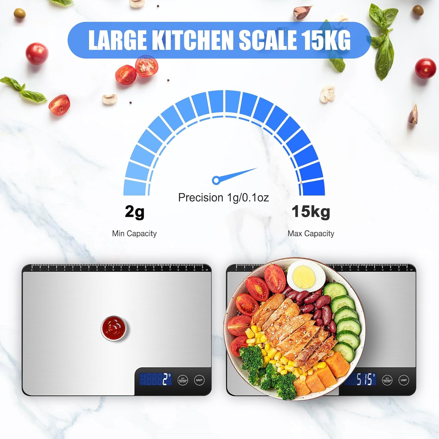 Große digitale Küchenwaage 15 kg, präzise Lebensmittelwaage mit 1 g Genauigkeit, individuelle automatische Abschaltung (3, 10 und 60 Minuten), LCD-Display, Gramm und Unzen, ideal für Zuhause, Kochen und Backen – Bild 7