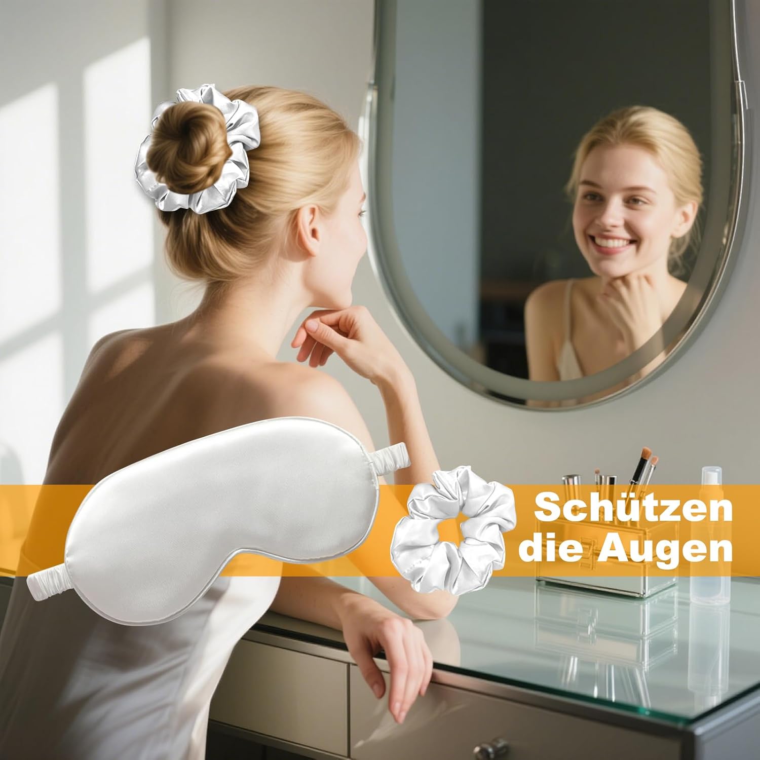 4er-Set Schlafmasken-Set, Schlafmaske für Frauen, Augenmaske aus Seide, lichtblockierende Schlafbrille, Ohrstöpsel, Haargummi, Stirnband und Aufbewahrungstasche für Pause, Reisen, Schlafen – Bild 5