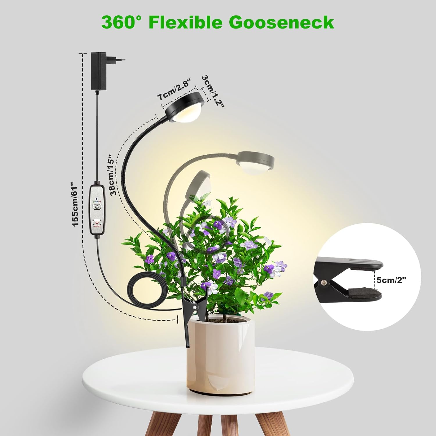 Pflanzenlampe LED Vollspektrum mit optischer Linse für hohe PPFD, Pot Clip Grow Lampe mit 6/12/18H Timer, Grow Light Pflanzenlicht Wachstumslampe mit Schwanenhals für Zimmerpflanzen – Bild 7