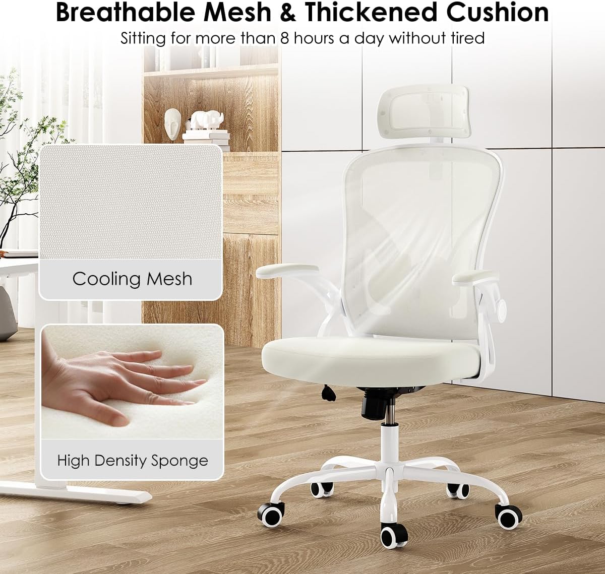 Farini Ergonomischer Stuhl mit Armlehne, Büro-Schreibtischstuhl mit Rollen, bequemer Home-Office-Stuhl, Weiß – Bild 6