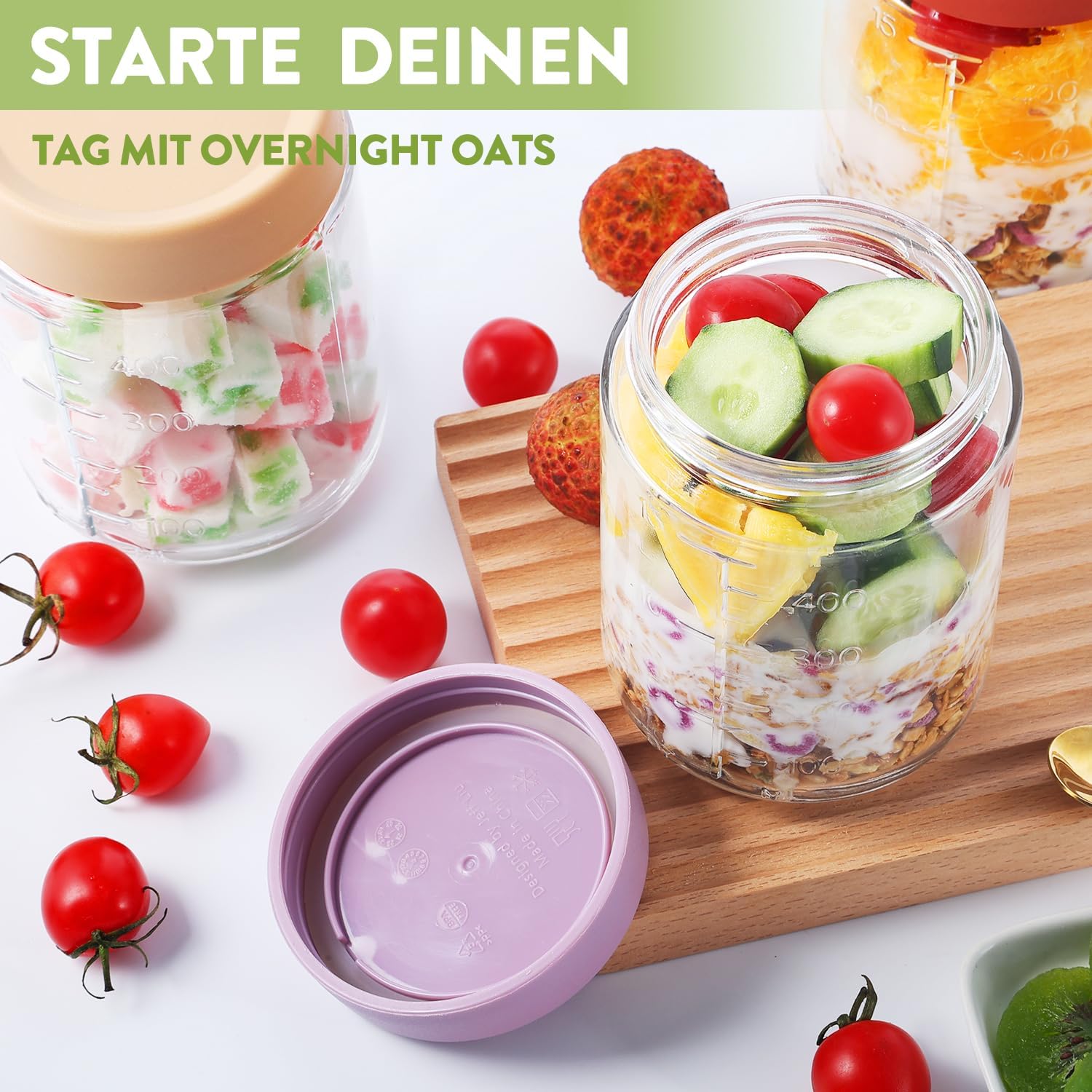 6er-Pack Overnight-Oats-Gläser, 500 ml, Meal-Prep-Behälter aus Glas mit Messskala, luftdicht & auslaufsicher, spülmaschinenfest, für Frühstücksjoghurt – Bild 3