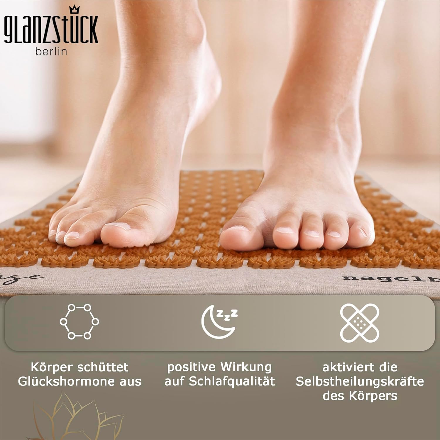 Glanzstück Berlin® Health Collection: Intense XL Akupressurmatten-Set, Leinen, hilft bei Verspannungen, Rückenschmerzen, Massagematte mit Kissen (Wärmefunktion) und Tasche, nachhaltig – Bild 7