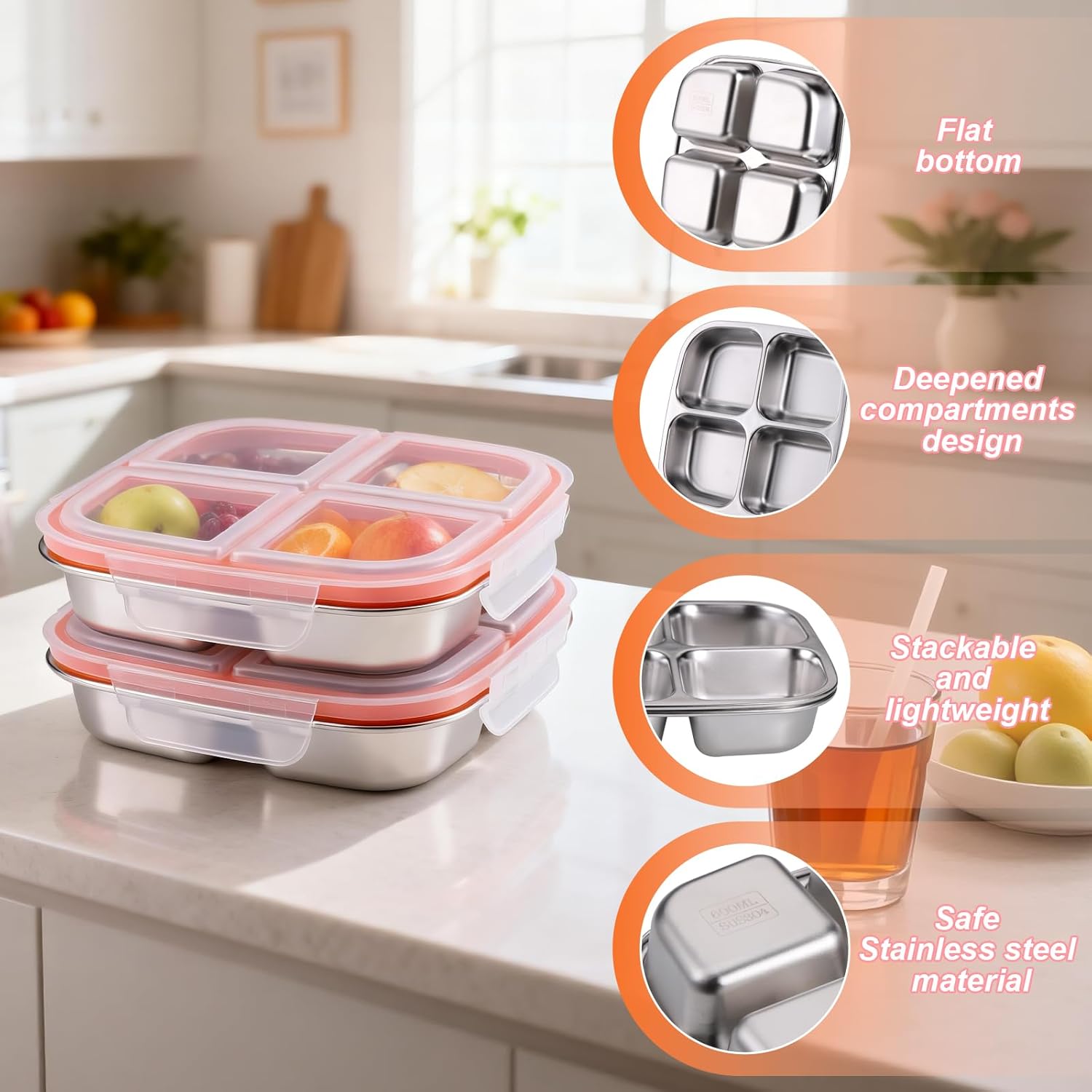 2 Stück Snackboxen mit Fächern aus Edelstahl, wiederverwendbare Snackbox für Kinder und Erwachsene, Meal-Prep-Behälter, Kinder, auslaufsichere Metall-Bento-Box mit Deckel für Schule, Arbeit & Camping (600 ml) – Bild 4