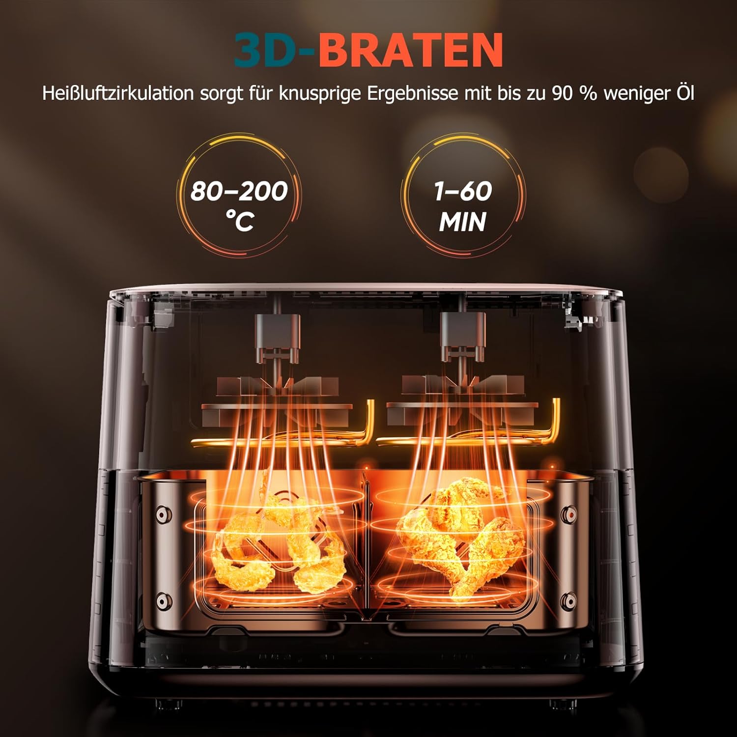 Heißluftfritteuse mit Sichtfenster, 12 l Fassungsvermögen, XXXL verstellbarer Airfryer, 10-in-1 voreingestellte Programme, Touchscreen, intelligente Synchronisation und Timer, energiesparend, Fritteuse ohne Öl – Bild 4