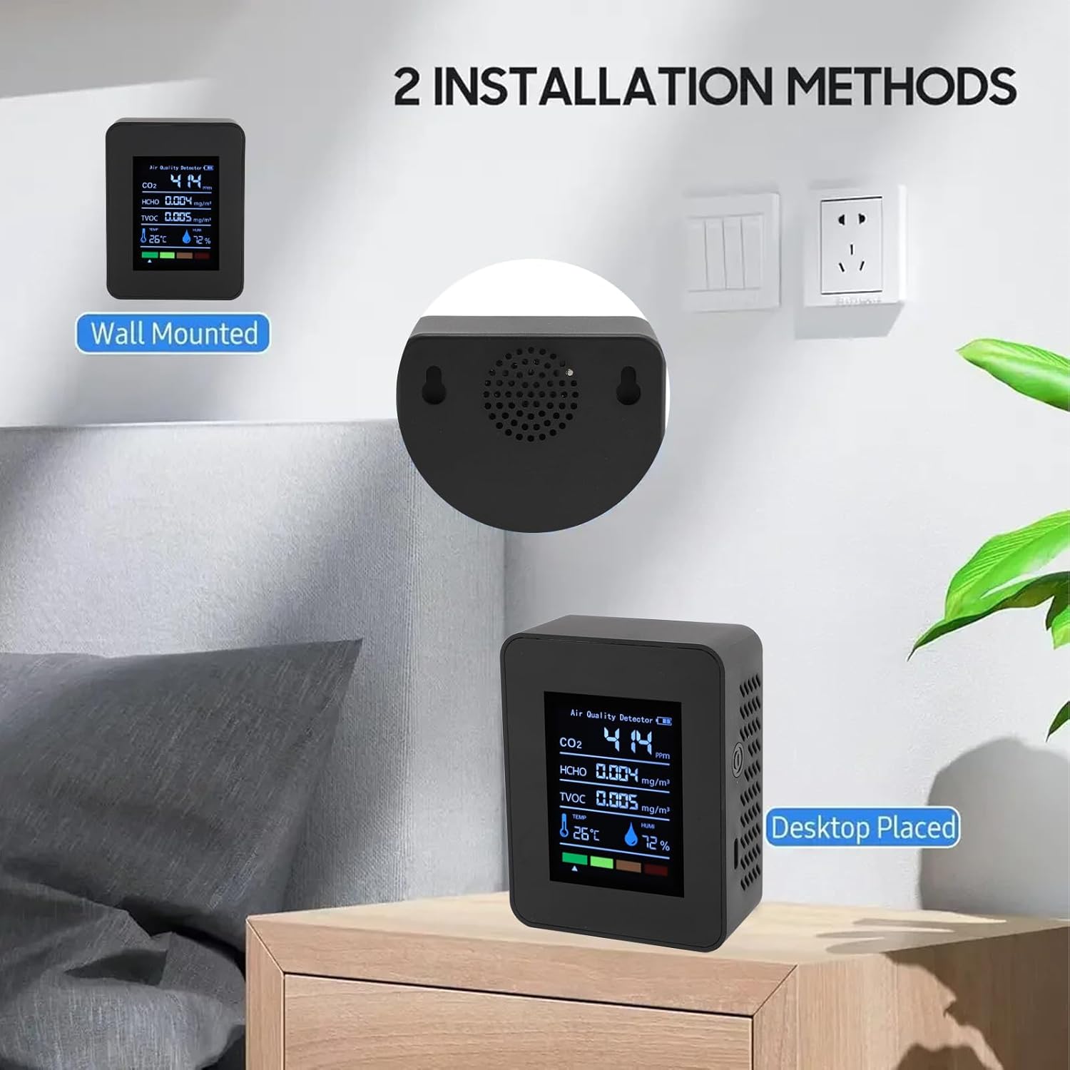 Luftqualitätsmonitor, 5-in-1-Messgerät für Raumluftqualität, CO2, TVOC, HCHO, Luftfeuchtigkeit, Temperatur, Echtzeitüberwachung, batteriebetrieben, für – Bild 4