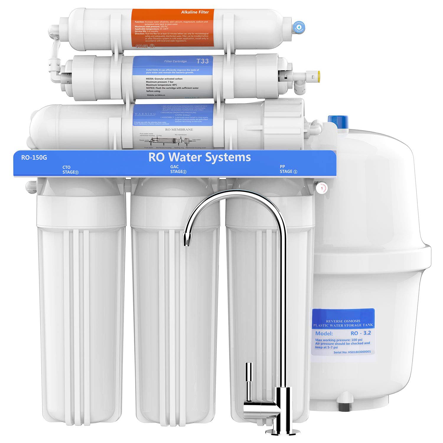 RO-150 6-stufiges Umkehrosmosesystem mit alkalischem pH + Filter | 150 GPD High Flow | Bleifreier Wasserhahn und lebensmittelechte Materialien | Für Küche, Haushalt und reines Trinkwasser