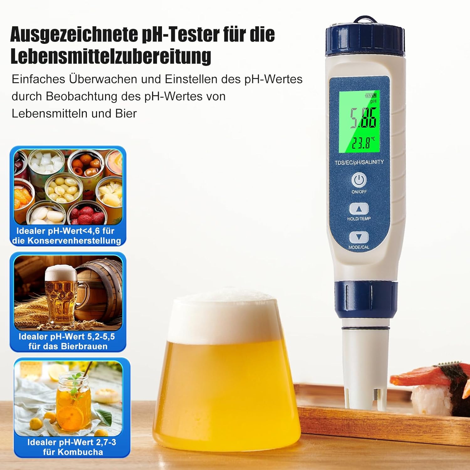 Pious PH-Wert-Messgerät, hochpräzises pH-/Salzgehalt/EC/TDS/Temperatur-Multifunktions-PH-Messgerät, LCD-Display mit automatischer Temperaturkompensation, geeignet für Trinkwasser, Schwimmbad, Hydrokultur – Bild 5