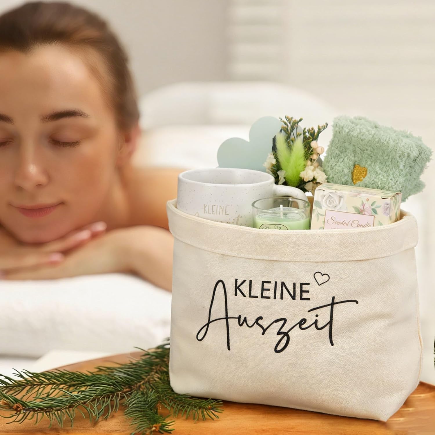 Xuniea Kleiner Auszeit-Geschenkkorb, Wellness-Geschenke-Set für Frauen, Entspannungsritual, Geschenkset für Sie, Frauentag, 18, 40, 70. Geburtstag, Geschenk für beste Freundin, Kollegin, Schwester, Mama, Oma (grün) – Bild 5