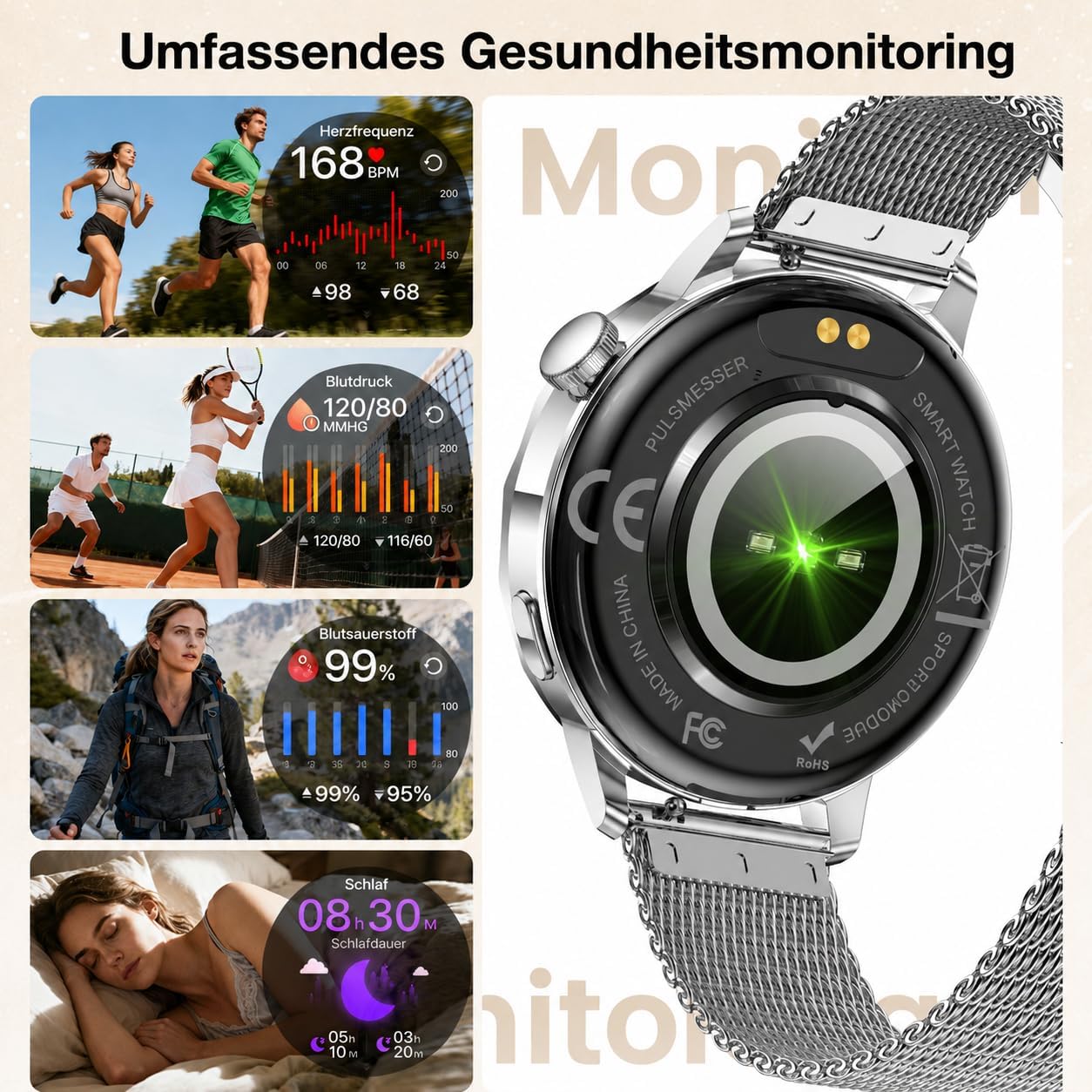 Runde Smartwatch für Damen mit Telefonfunktion, 1,27 Zoll HD-Smartwatches mit SpO2, 24-Stunden-Herzfrequenzüberwachung, Blutdruck-Schlafüberwachung, Fitness-Tracker 120+ Sportmodi, Schrittzähler für iOS Android, IP68 wasserdicht, Silber – Bild 5