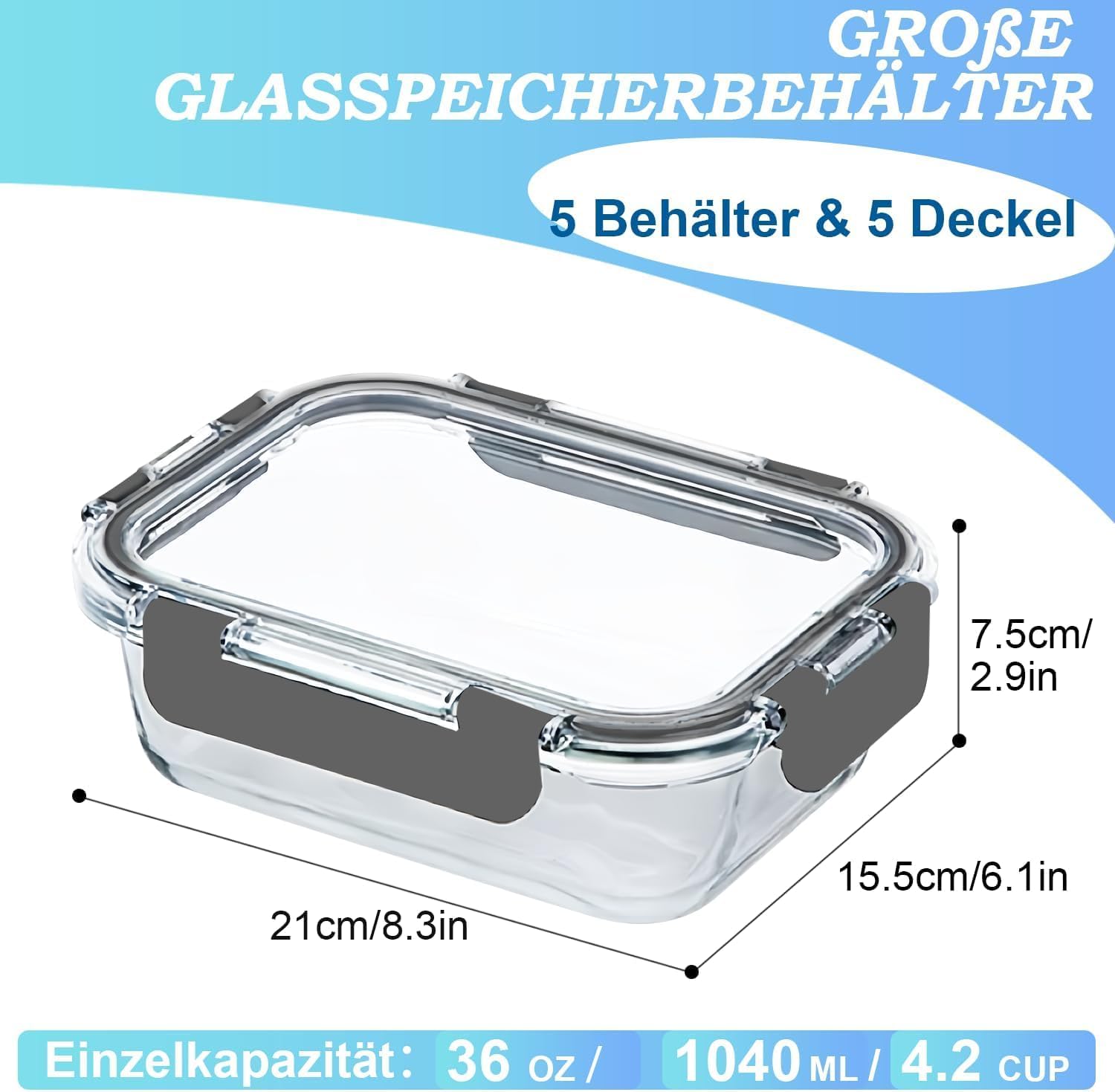 KUMD Vorratsdosen aus Glas mit Deckel, 5er-Set (10 Stück), 1040 ml, Vorratsbehälter aus Borosilikatglas für die Mikrowelle und die Zubereitung von Mahlzeiten – rechteckige Lunchbox, ofenfest, auslaufsicher – Bild 5