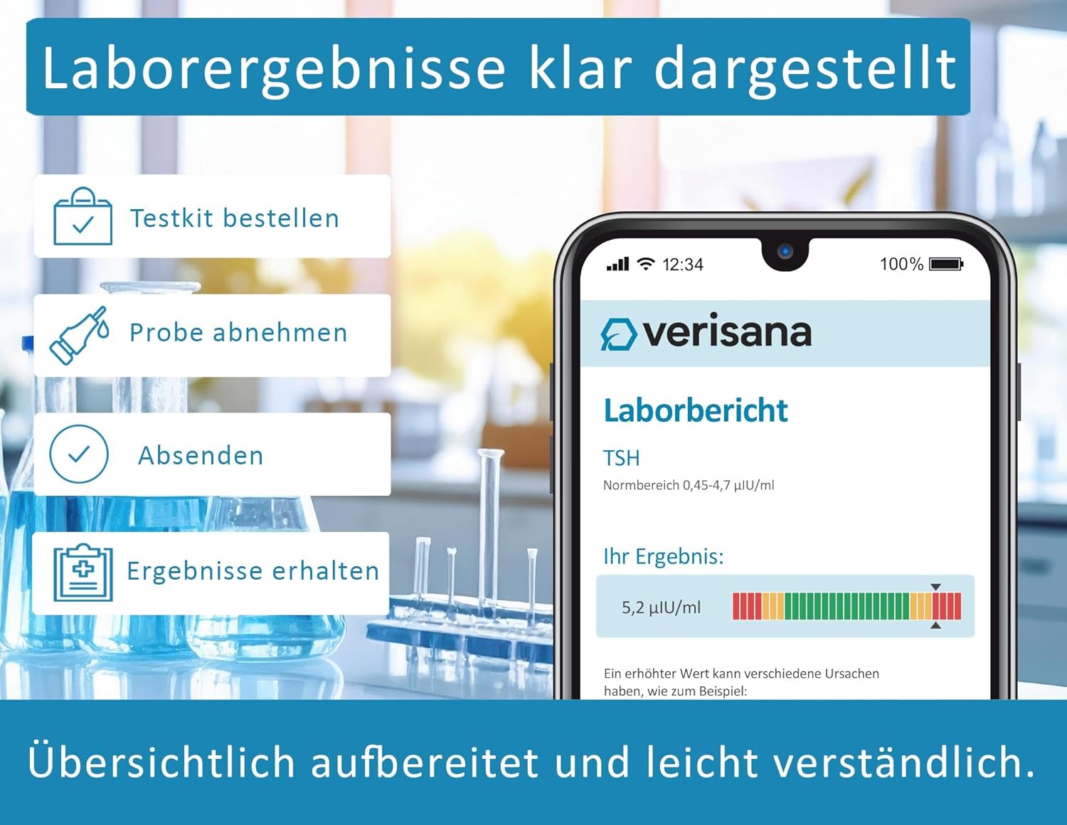 Schilddrüsentest, umfassender Test für Schilddrüsenerkrankungen, Autoimmunerkrankungen (z. B. Hashimoto), Laboranalyse von T3-, T4-, TSH- und aTPO-Werten, Verisana – Bild 5